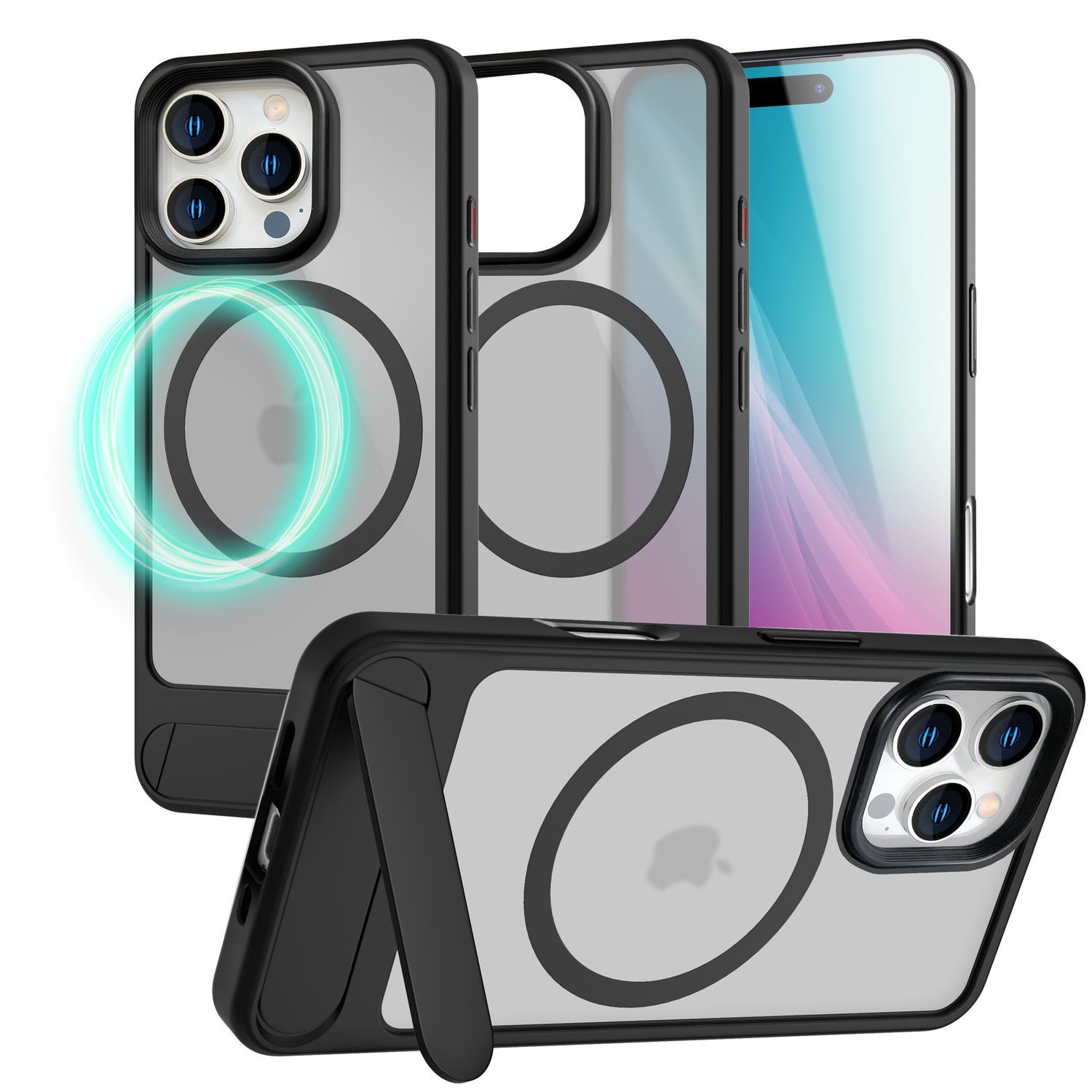 Nalia Smartphone-Hülle Apple iPhone 16 Pro 16 cm (6,3 Zoll), Triton / MagSafe Ring / Faltbarer Standfuss / Kamera Schutz / Mattiert