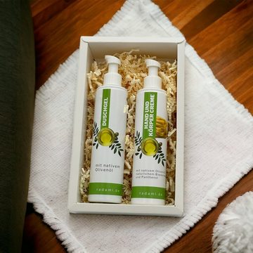 Radami Hautpflege-Set Geschenkbox Geschenk Set Box natives Olivenöl Körpercreme / Duschgel Pflege Set, mit 2 x 250 ml Inhalt in einer Geschenkbox