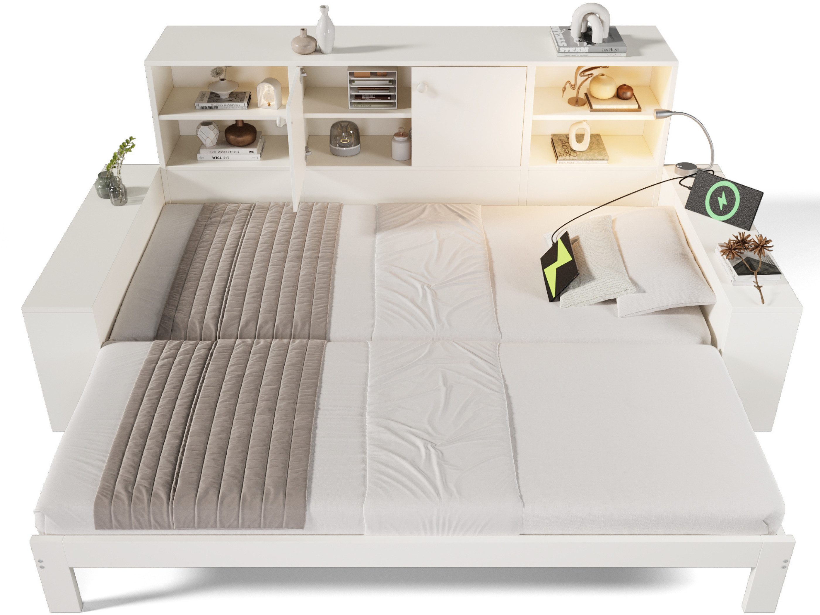 SeedWave Daybett Holzbett mit Stauraum, USB-Schnellladeanschluss & Drehender Leselampe, 90x200 cm Tagesbett mit Ausziehbett, erweiterbar auf 180x200 cm