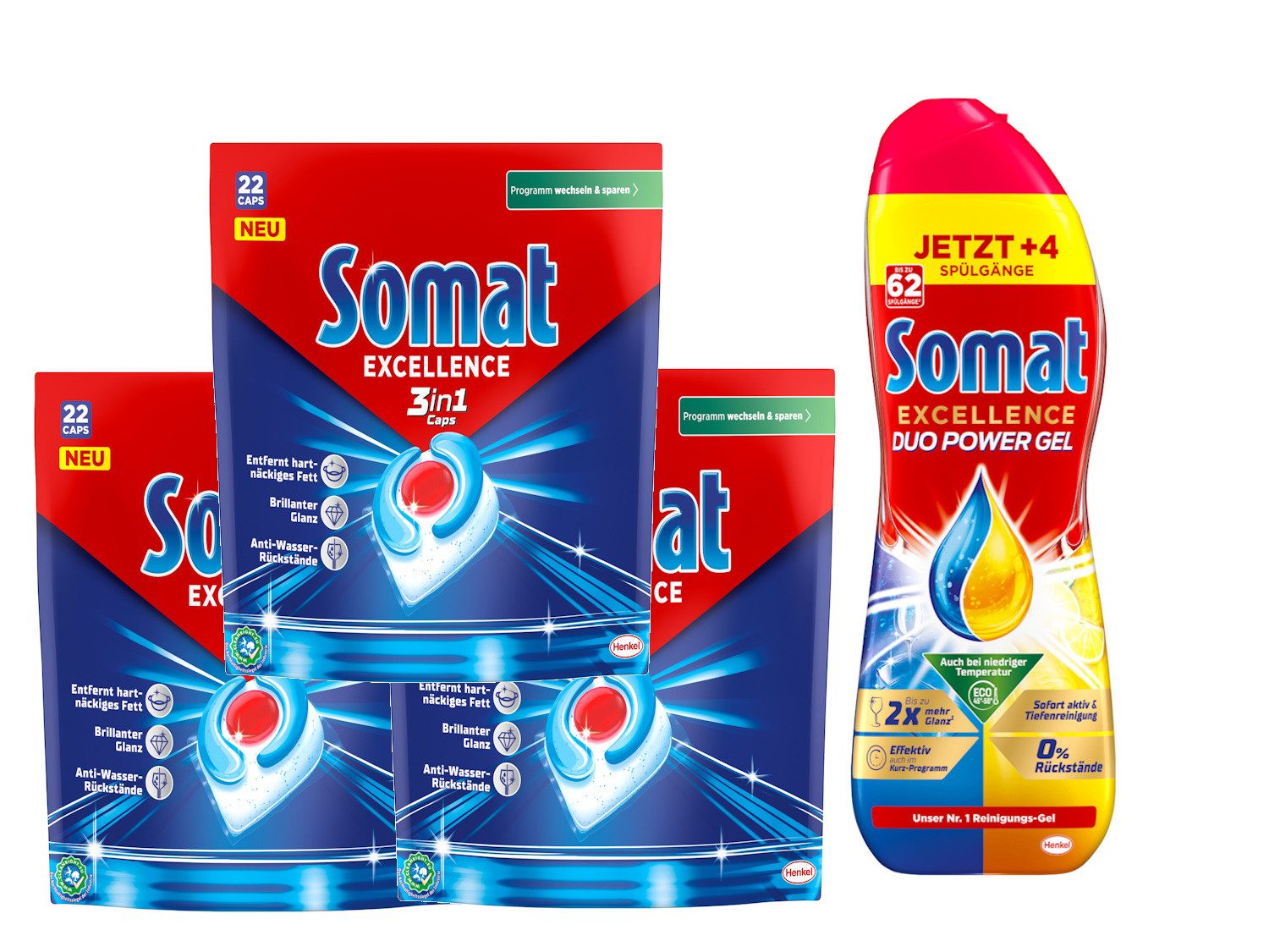 Somat SOMAT Caps 22 St. 3er Pack + Duo Gel 992ml – Glanz Spülmaschinentabs
