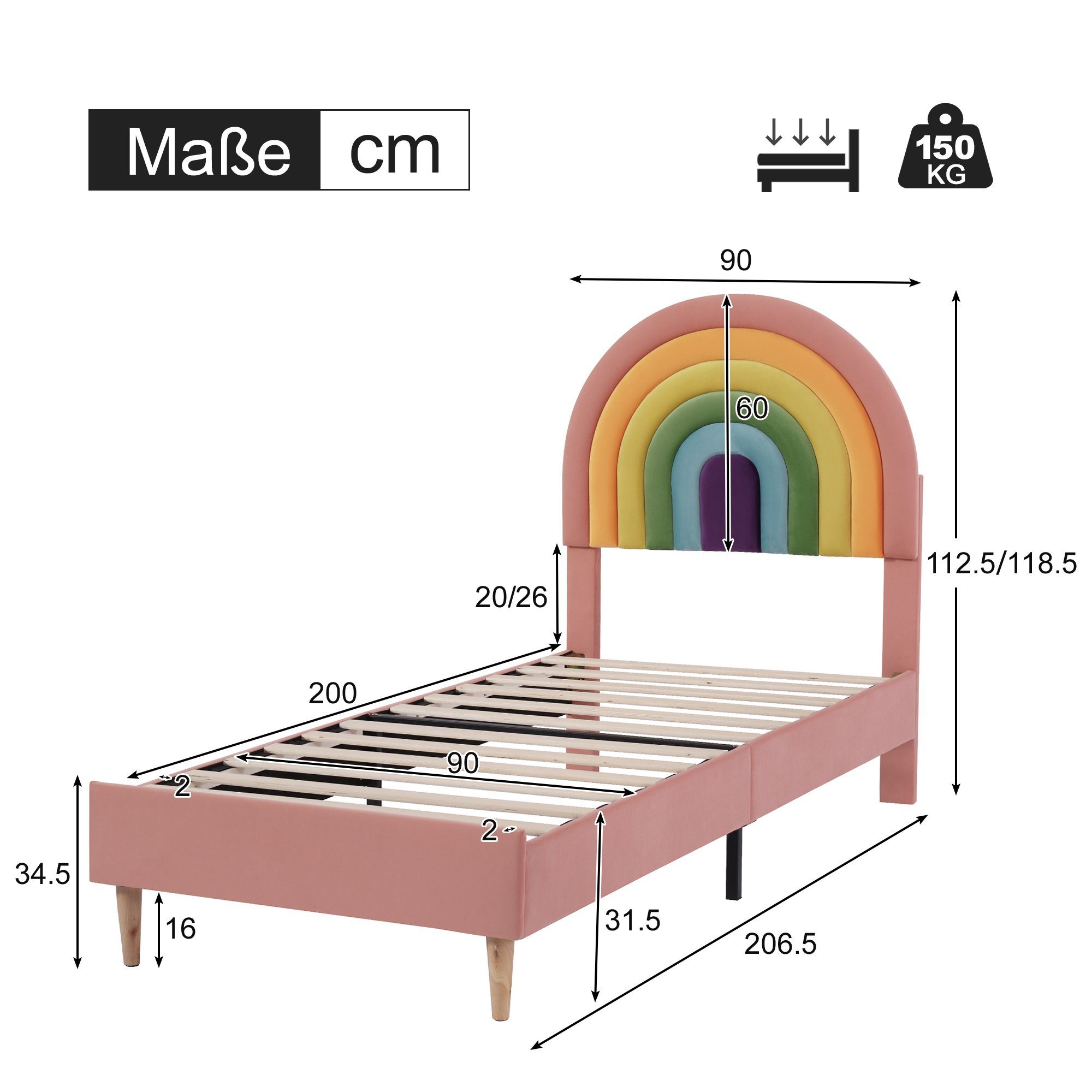 Holzlattenunterstützung REDOM Jugendbett für Samt Matratze), Polsterbett aus Bezug rosa, Erwachsene Jugendliche, & (90*200,ohne