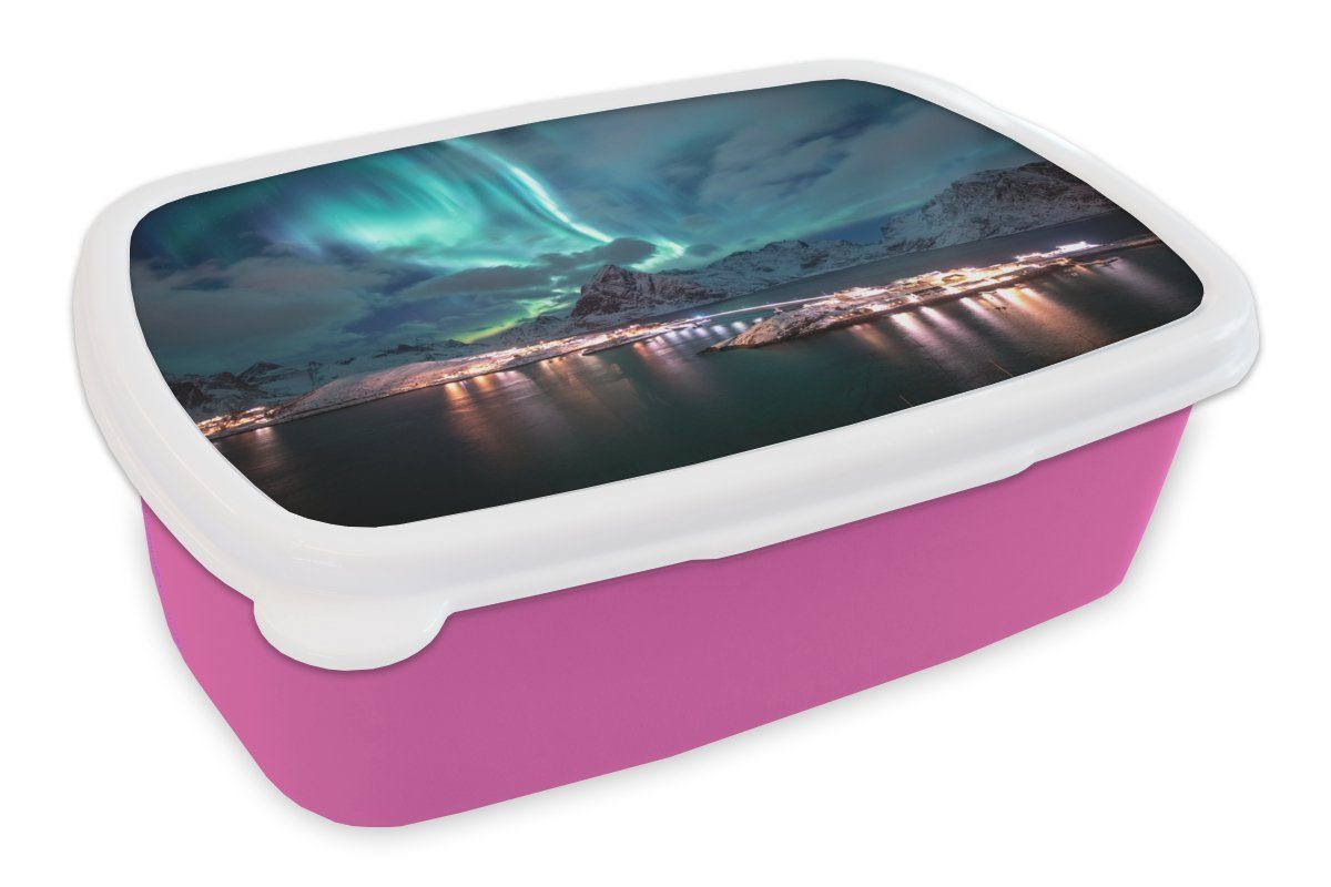 MuchoWow Lunchbox Aurora - Berg, - für Kunststoff, (2-tlg), rosa Brotbox Norwegen Snackbox, Kunststoff Erwachsene, Brotdose Mädchen, Kinder