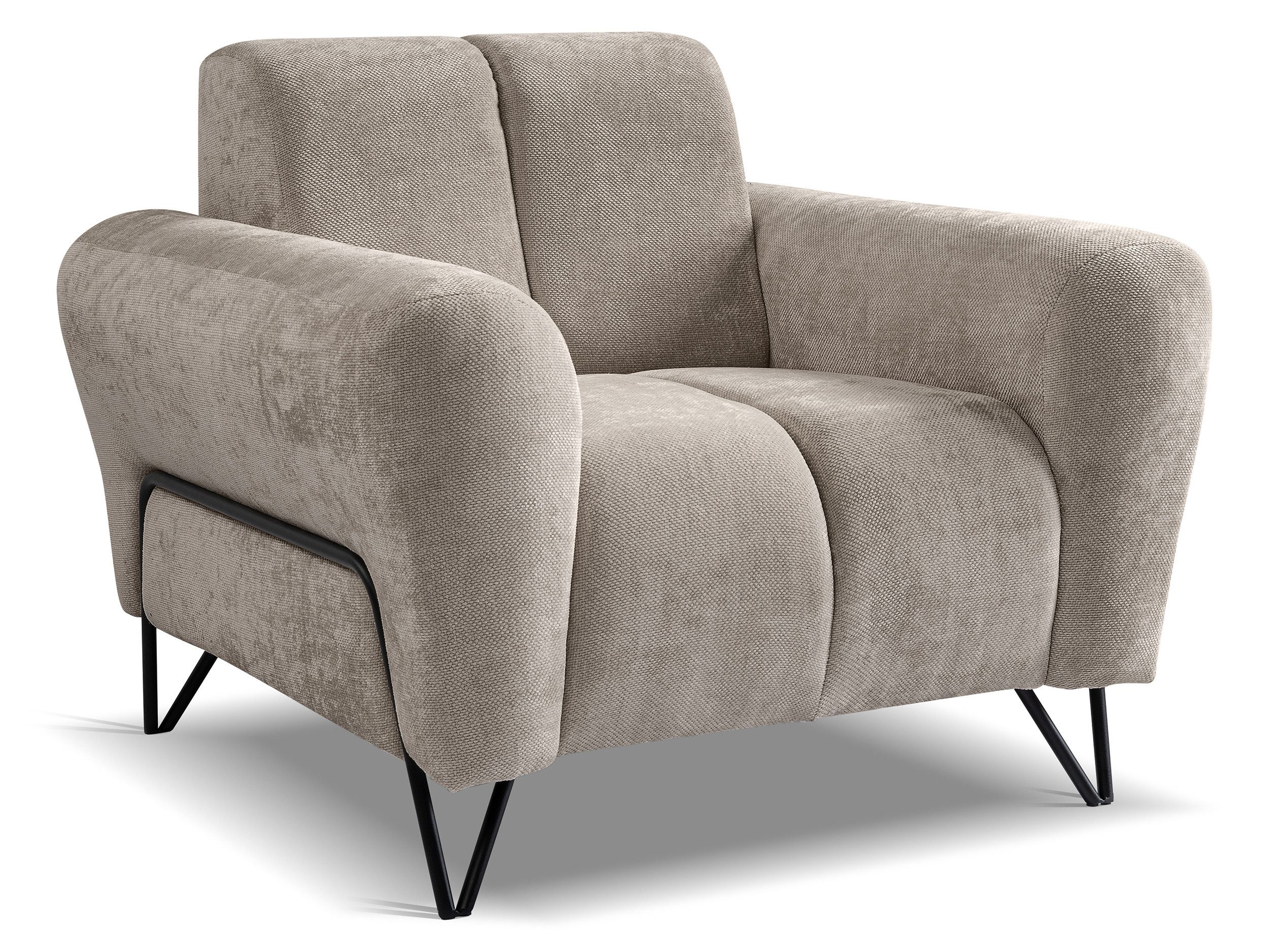 Beautysofa Polstergarnitur im modernen Stil auf hohen Metallbeinen VOLARE, (Sofagarnitur aus Chenille-Stoff, Beige Grau, Ecksofa L + Sessel Set moderne Couchgar – Bild 4 von 5