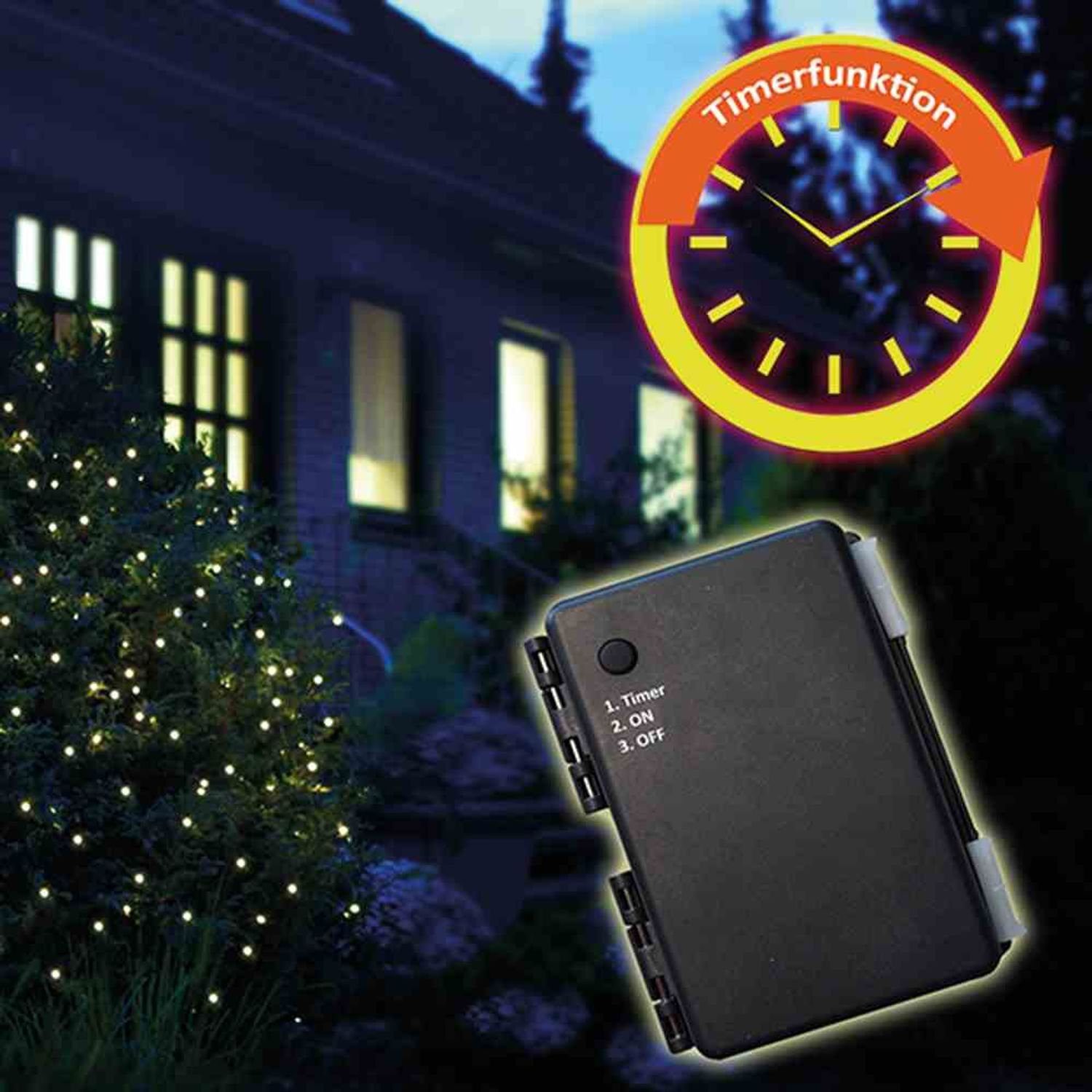 Lichterkette LED-Batterie-Netz außen 100er, 1,5 x 1,5 m mit Timer für 3 x AA