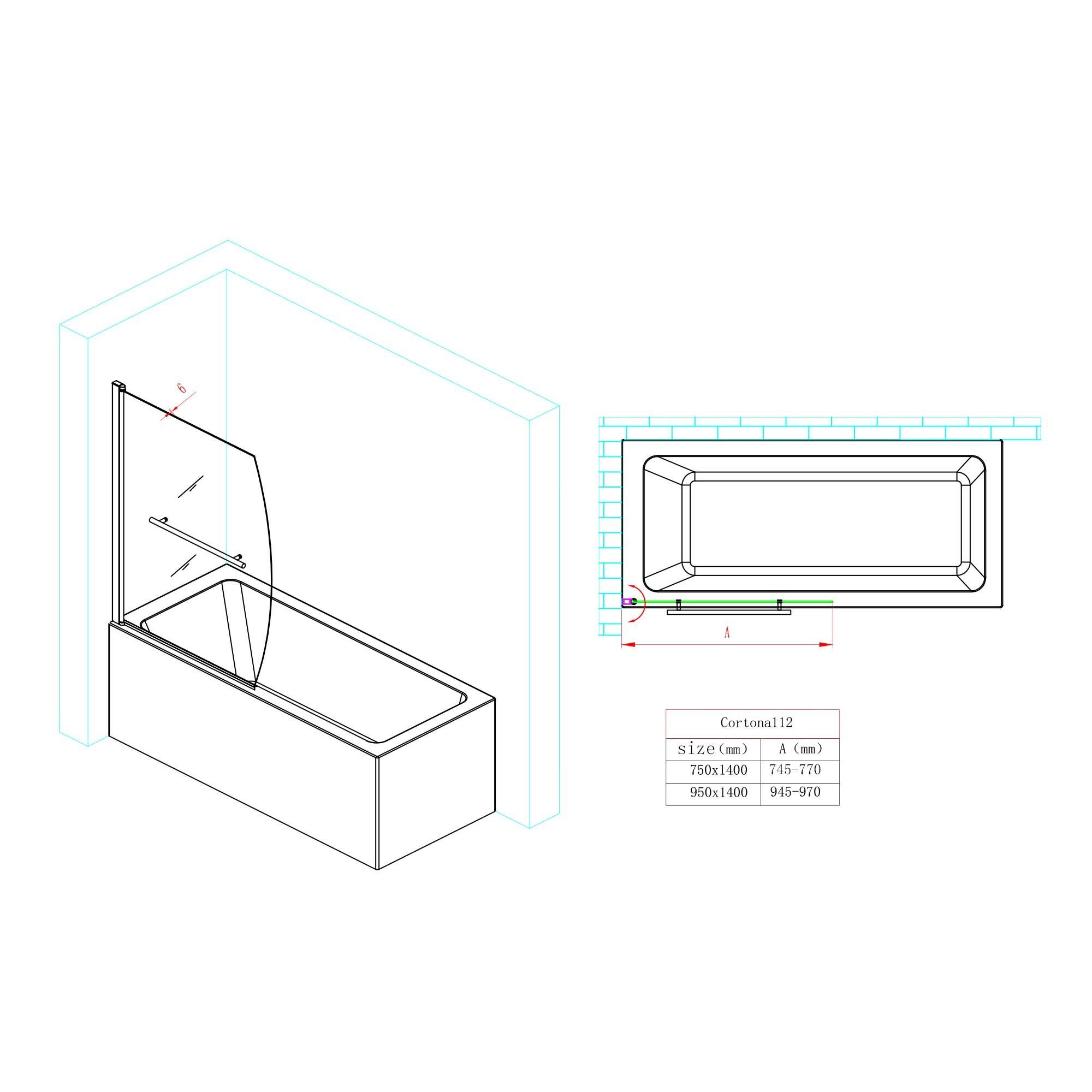doporro Badewannenaufsatz Duschwand Badewanne Cor112 6mm ESG-Sicherheitsglas Nano-Beschichtung, Einscheibensicherheitsglas