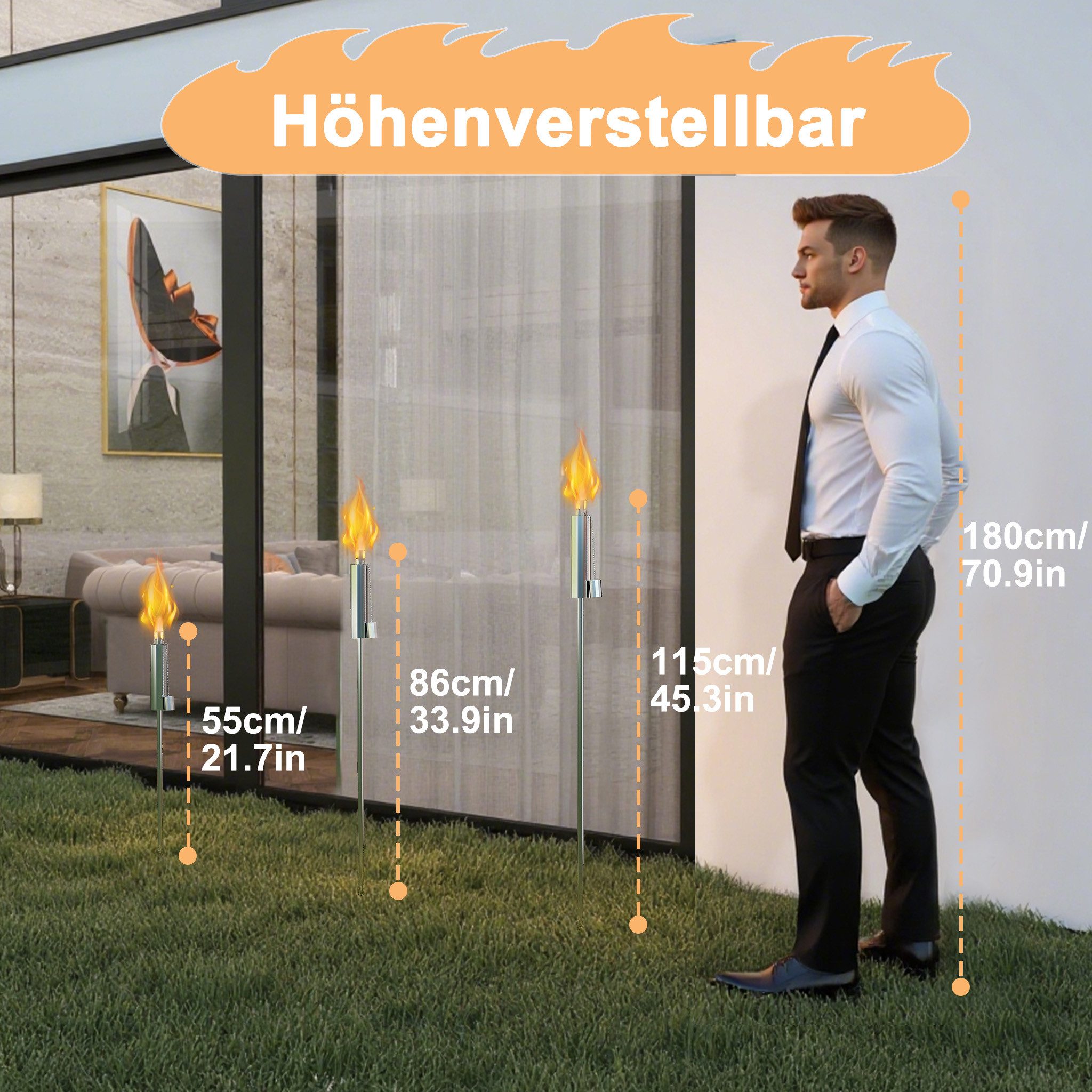 FIVMEN Gartenfackel 6 Edelstahl-Gartenfackeln Geeignet Öllampe mit Docht Tragbare Fackeln, für Garten, Terrasse, Camping