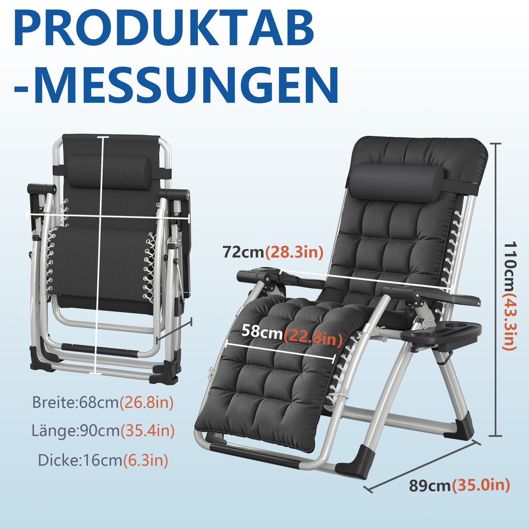 FIVMEN Gartenliege Sonnenliege klappbar Liegestuhl Verstellbare Rückenlehne 90–170°, inkl. Nackenkissen, Getränkehalter, Seitentasche, bis 160kg