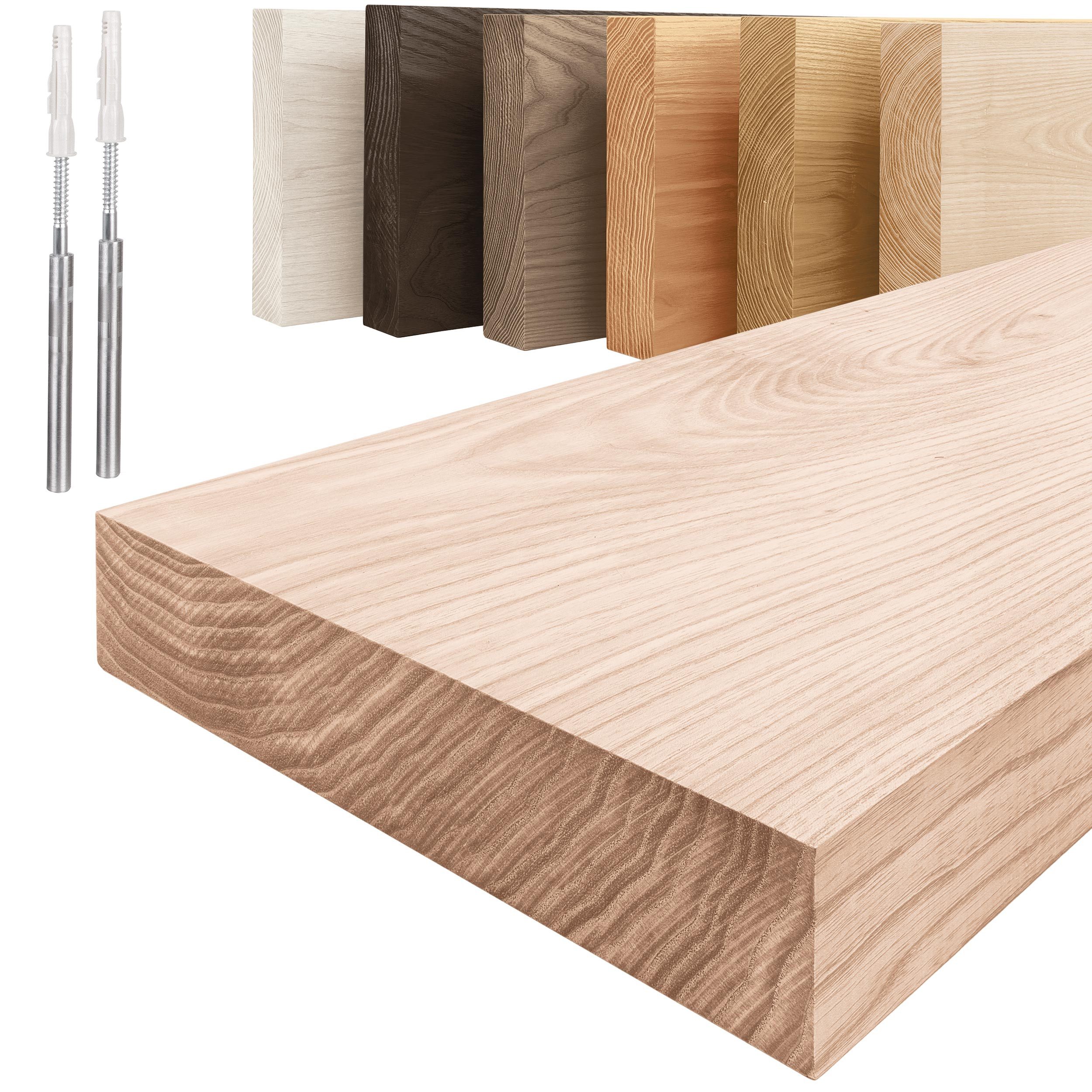 LAMO Manufaktur Wandregal Holz Gerade, Regal Farbe: Roh, Invisible: Schweberegal, 40 cm, Komplett-Set, 40mm stake Massivholzplatte