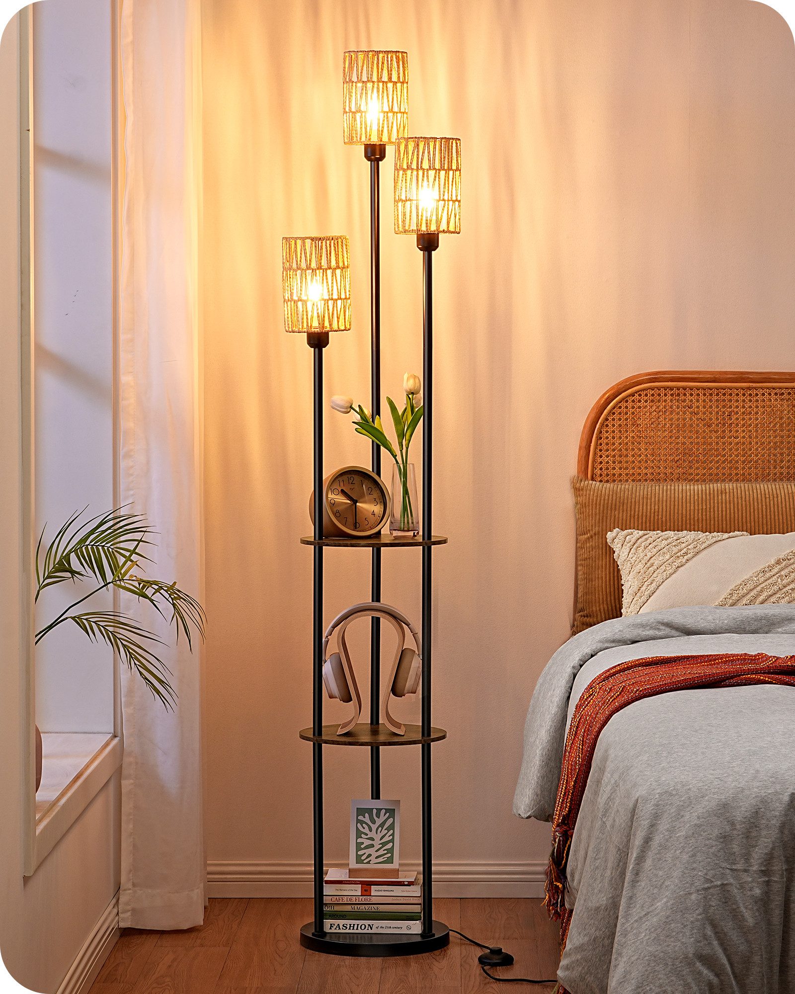 EDISHINE Stehlampe Wohnzimmer, LED wechselbar, warmweiß, Boho Stehlampe, 3-flammige Standleuchte mit Regalen