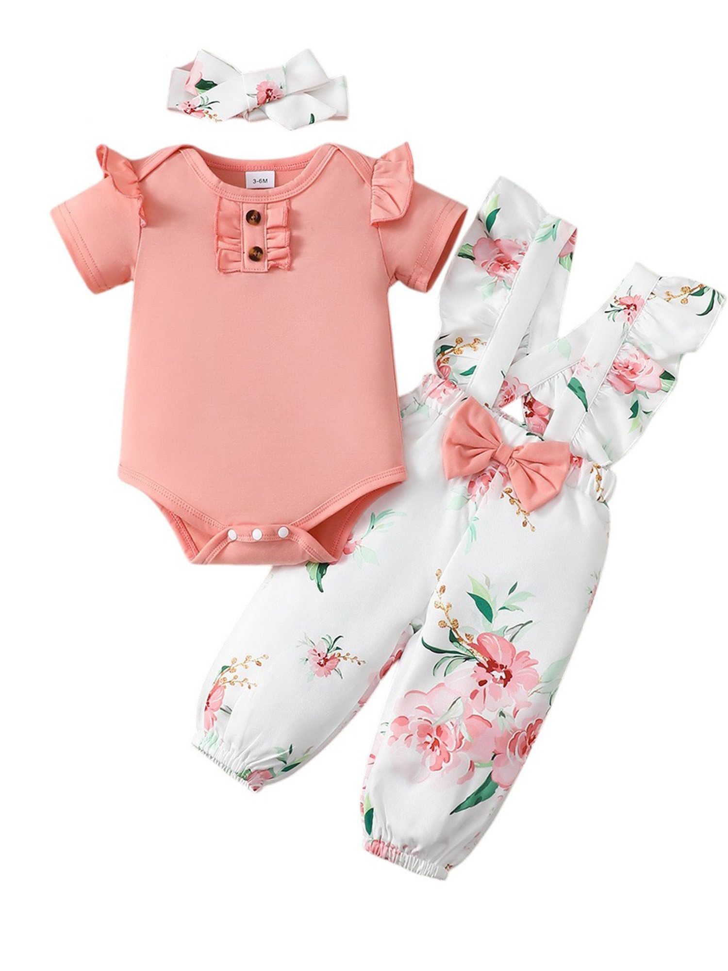 Gluckids Strampler Baby Mädchen Blumen Kleidungsset Strampler +Latzhose +Stirnband Outfit (3-tlg) Neugeborene Baby Kurzarm Overalls Sets Sommer Täglich Freizeitanzug