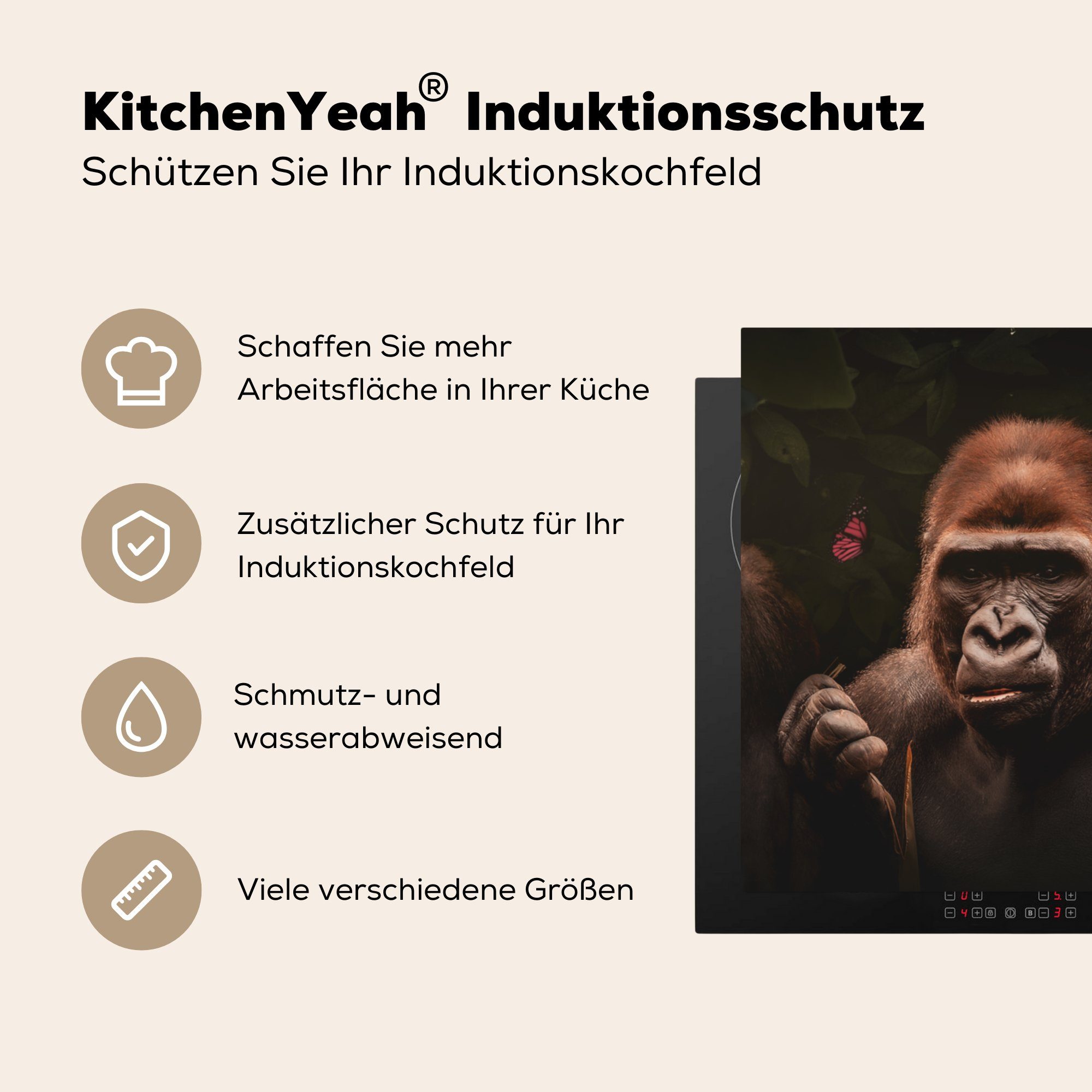 Affe (1 Ceranfeldabdeckung, Vinyl, Tiere für cm, - MuchoWow Herdblende-/Abdeckplatte - Gorilla, küche tlg), 78x78 Arbeitsplatte