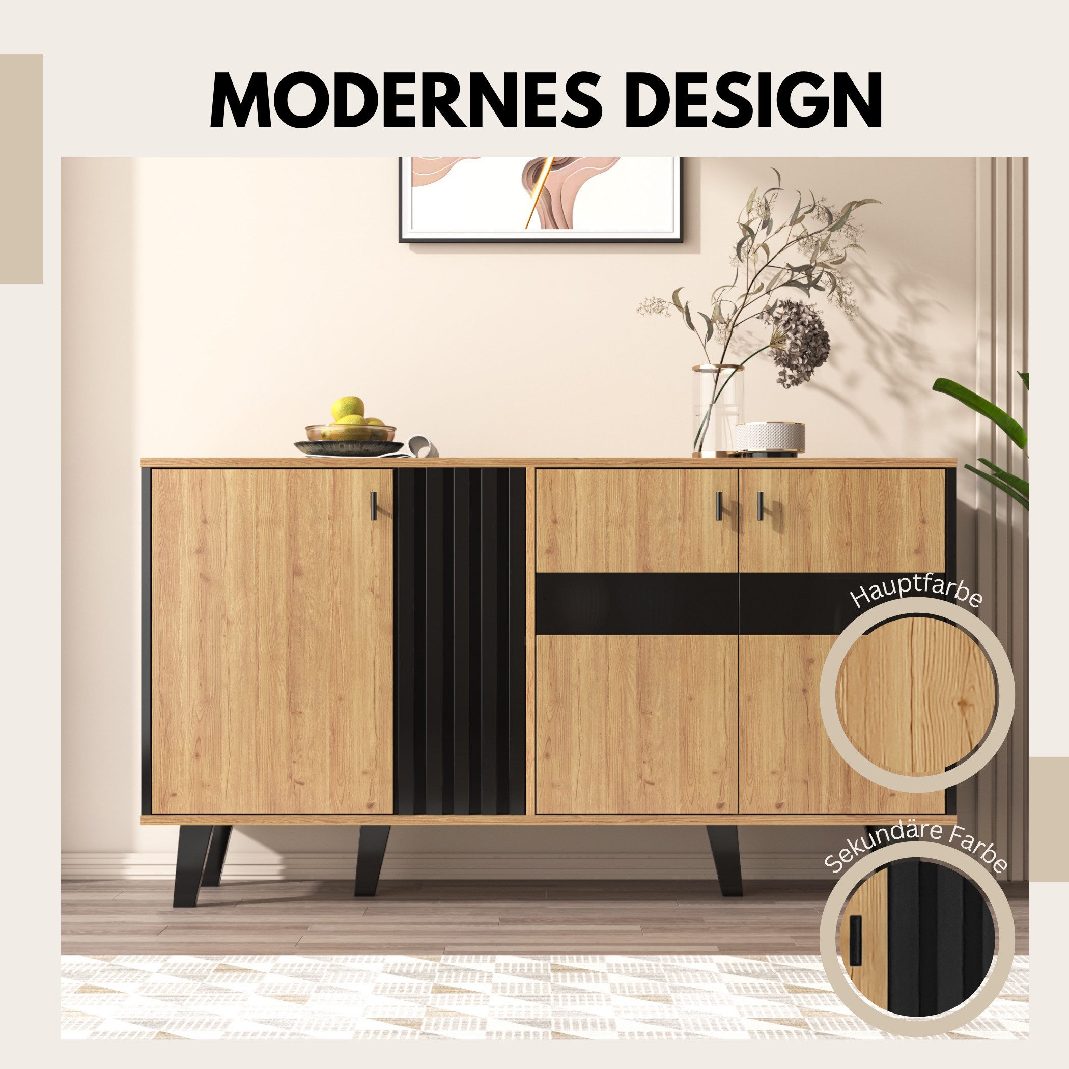 SeedWave Sideboard Modernes Sideboard LED-Beleuchtung Kontrastfarbener Wohnzimmerschrank, Verstellbare Einlegeböden, Türen mit eingelassenen Glassen