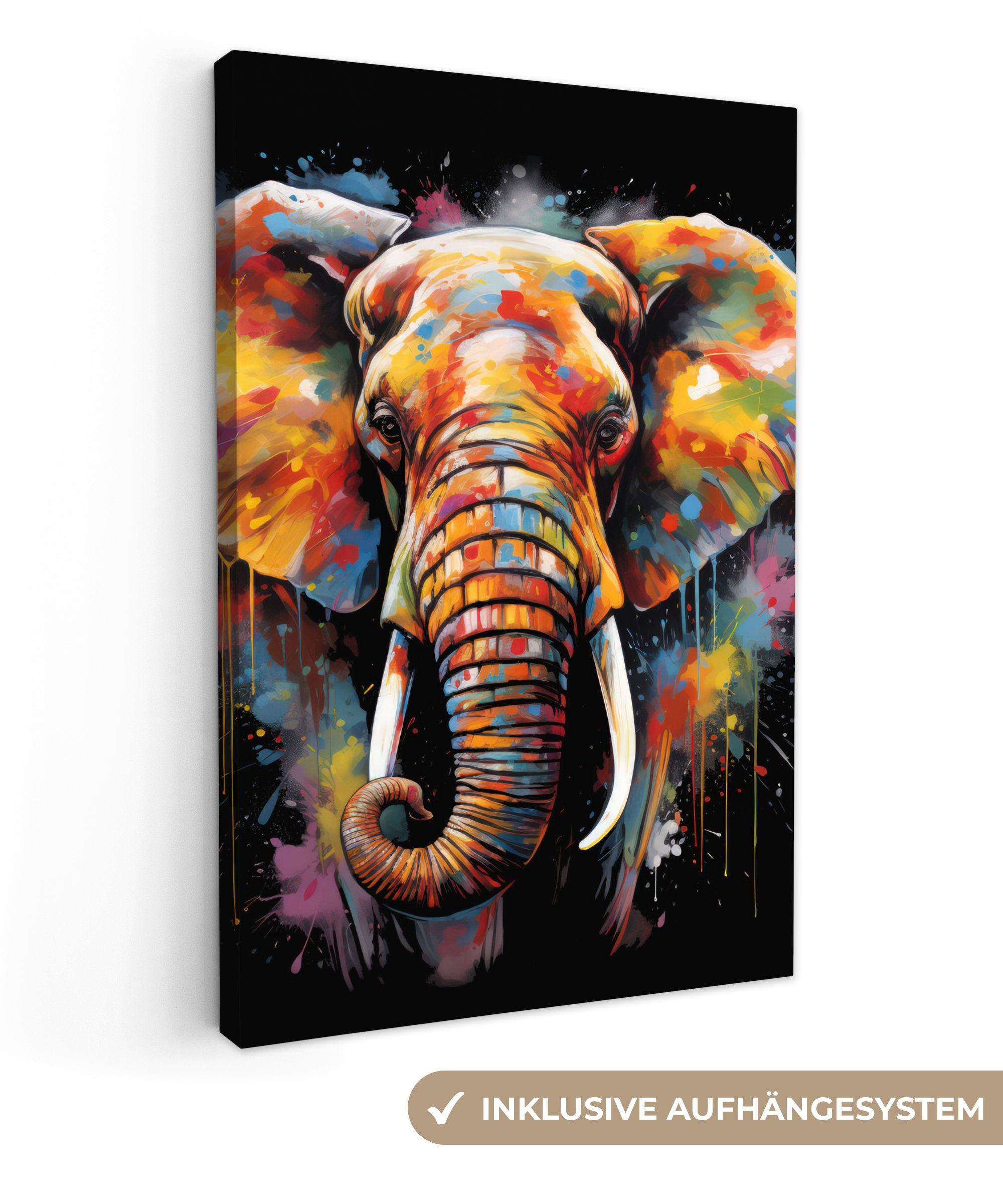 OneMillionCanvasses® Leinwandbild Elefant - Graffiti - Schwarz - Tiere - Farben, Fotodruck (1 St), Leinwand Canvas Wandbild, Wanddekoration 20x30 cm
