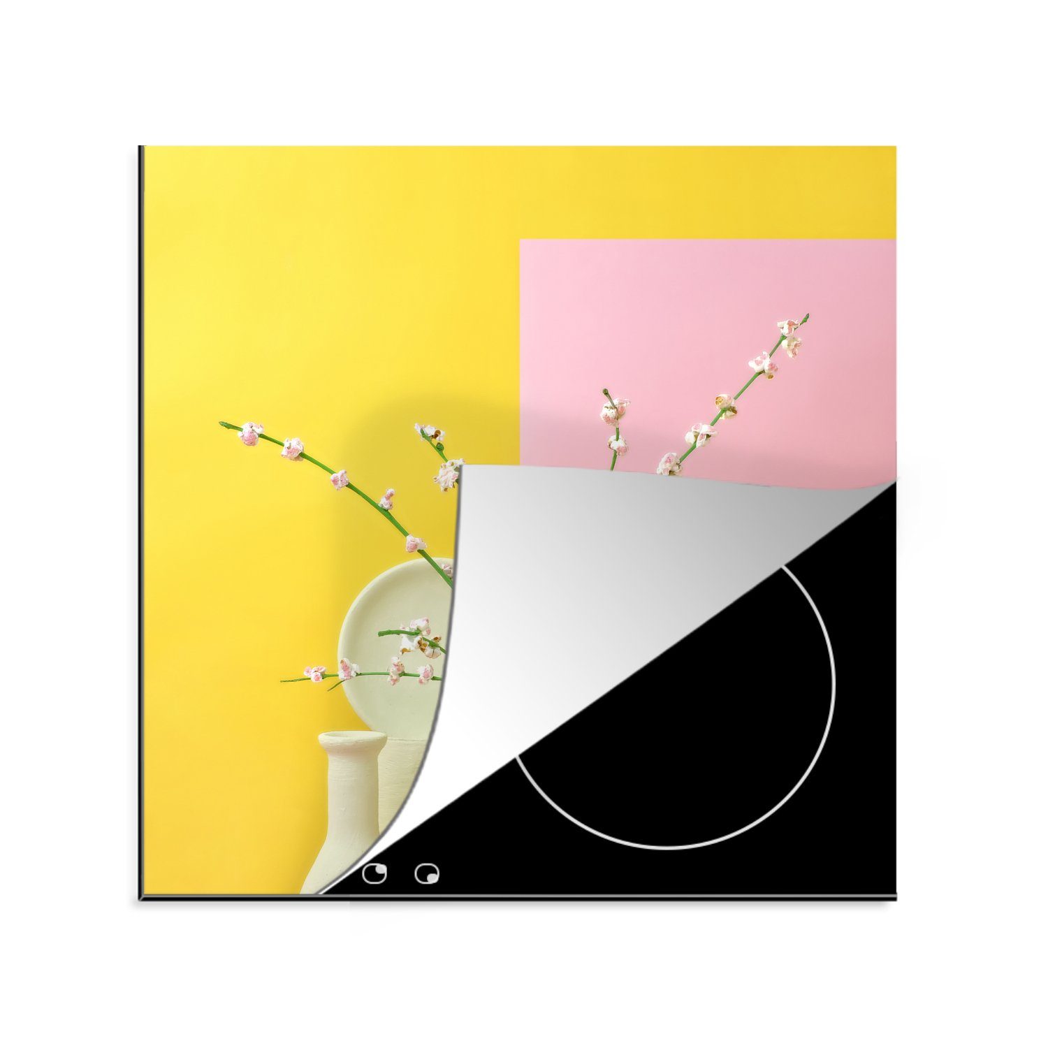 MuchoWow Herdblende-/Abdeckplatte Falsche Kirschblüte auf farbigem Hintergrund, Vinyl, (1 tlg), 78x78 cm, Ceranfeldabdeckung, Arbeitsplatte für küche