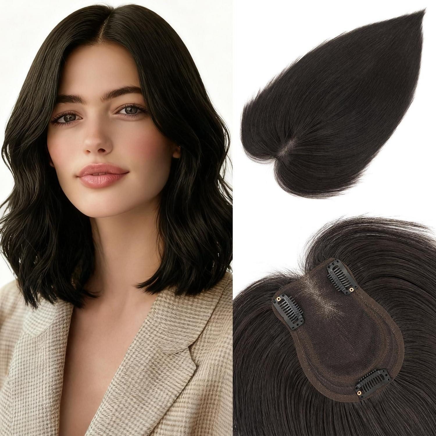 LuxusKollektion Echthaar-Extension Topper Echthaar Damen Clip In Mittelscheitel 35g Natürliches Schwarz
