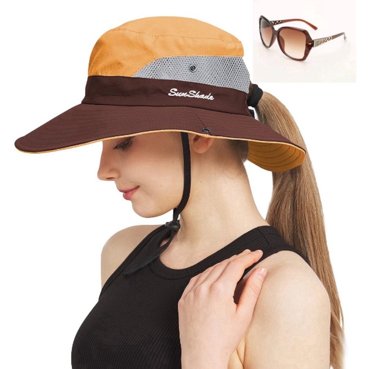 Kraftverdia Sonnenhut Damen Sonnenhut UPF 50+ Faltbar mit Pferdeschwanz-Öffnung Sonnenbrille