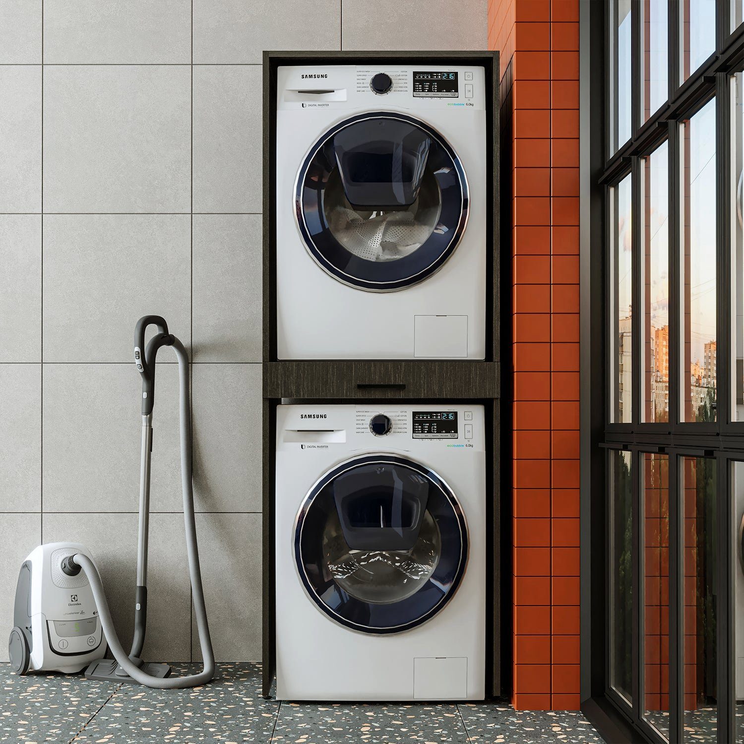 Roomart Waschmaschinenumbauschrank (Waschmaschinenschrank für Trockner und Waschmaschine Überbauschrank) schwarz | Schwarz