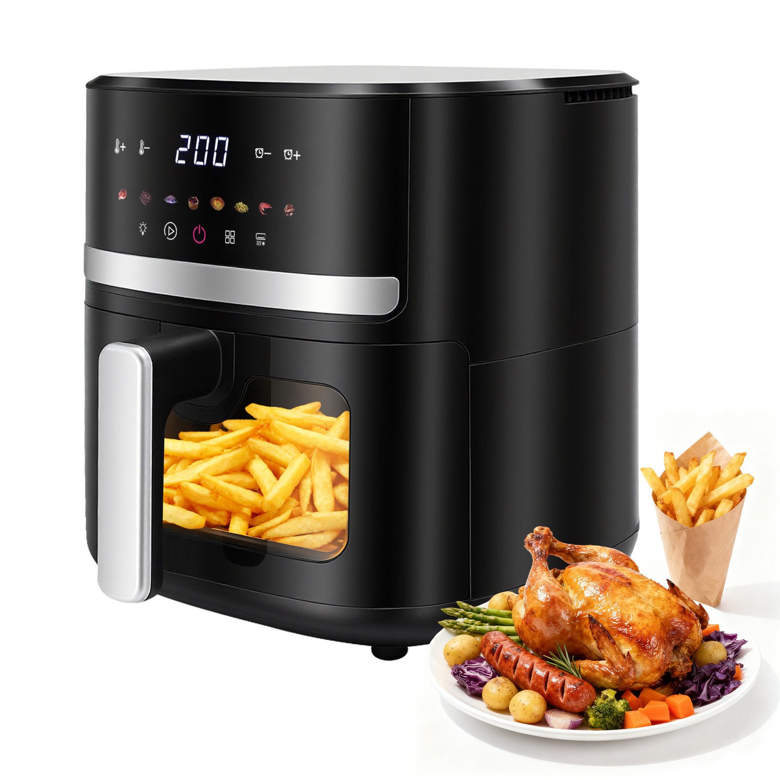 OZAVO Heißluftfritteuse XL Airfryer digitales Touchscreen-Display 8 Programme bis zu 6 Personen, Antihaftbeschichtung,Fettarm und gesund,zeitsparend