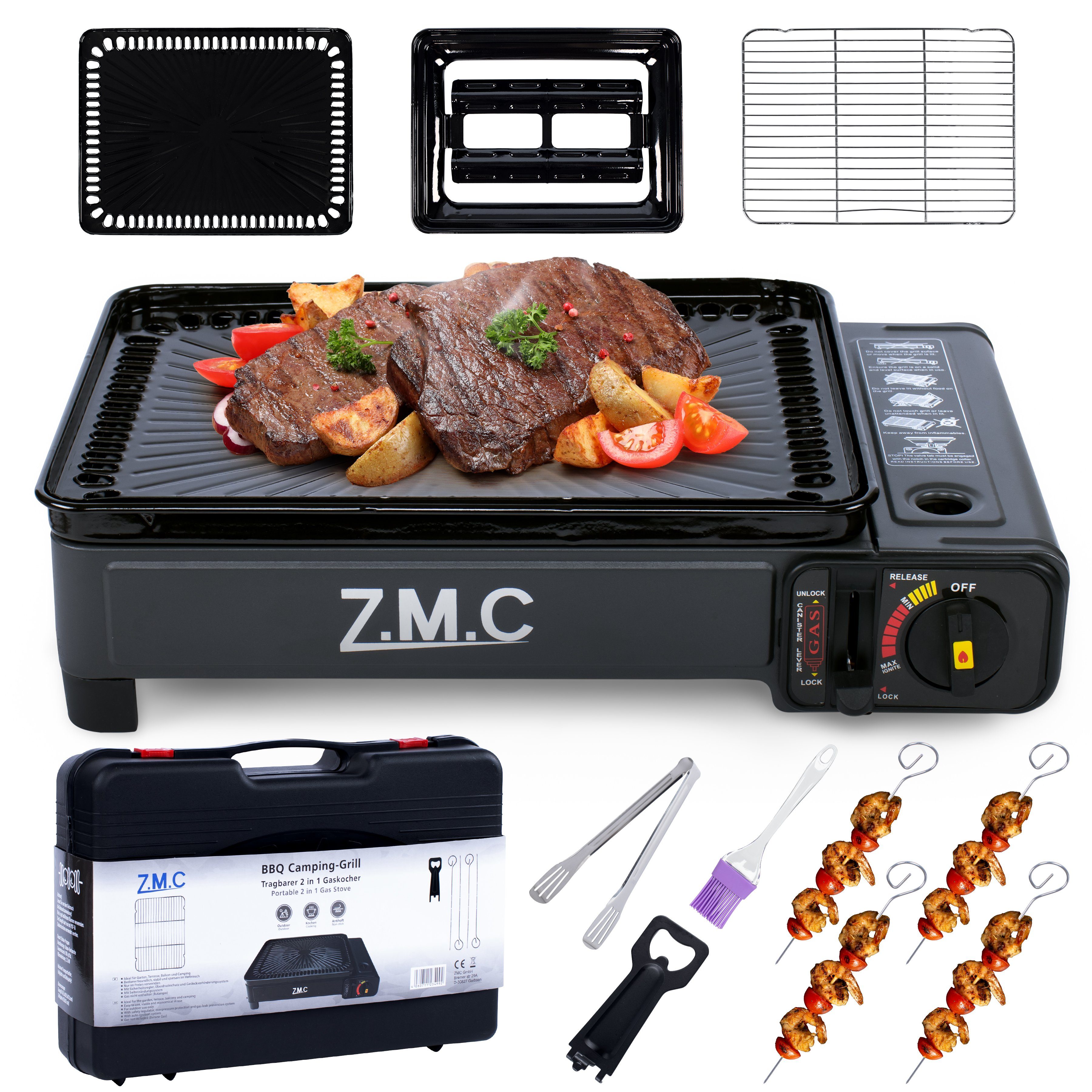 ZMC Gaskocher 2-in-1 Gaskocher inkl. Tischgrill), mit Tragekoffer, + 2,2KW Camping-Kocher 3,8kg, Zubehör, Piezo-Zündung Grillplatte Wärmeleistung: Grillrost, regulierbar, Gaskartuschen, 4x mit stufenlos (mit