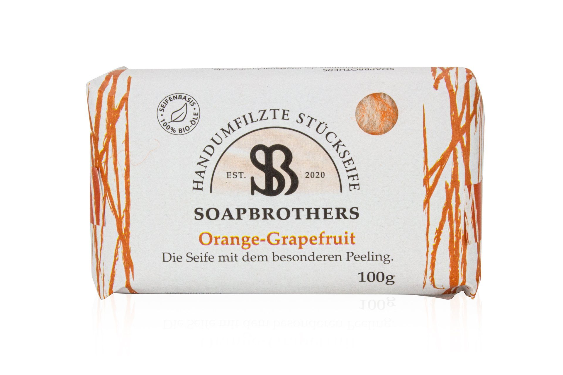 Soapbrothers Gesichtsseife Naturkosmetik Bio Seife mit Filzmantel - Bis zu 4-mal ergiebiger als herkömmliche Stückseifen in nachhaltiger Verpackung - Orange-Grapefruit 100g, 1-tlg., Naturkosmetik