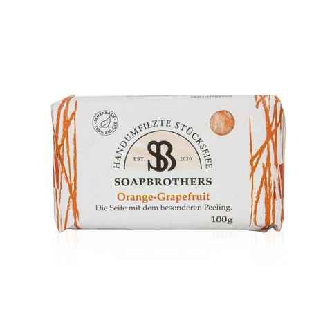 Soapbrothers Gesichtsseife Naturkosmetik Bio Seife mit Filzmantel - Bis zu 4-mal ergiebiger als herkömmliche Stückseifen in nachhaltiger Verpackung - Orange-Grapefruit 100g, 1-tlg., Naturkosmetik