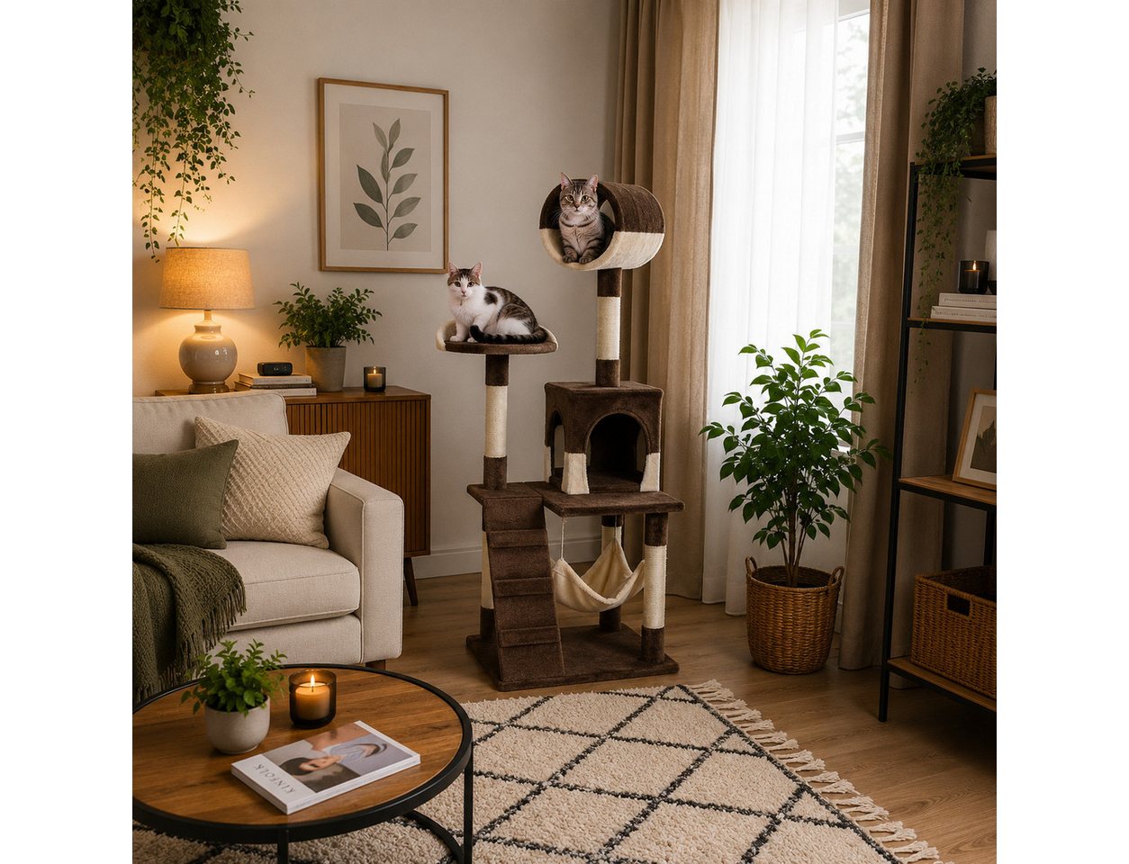 belviona Kratzbaum mit Höhle, Hängematte, Treppe & Liegeplattform, 133 cm, braun/beige, mit Sisalsäulen & Liege-Röhre zum Beobachten