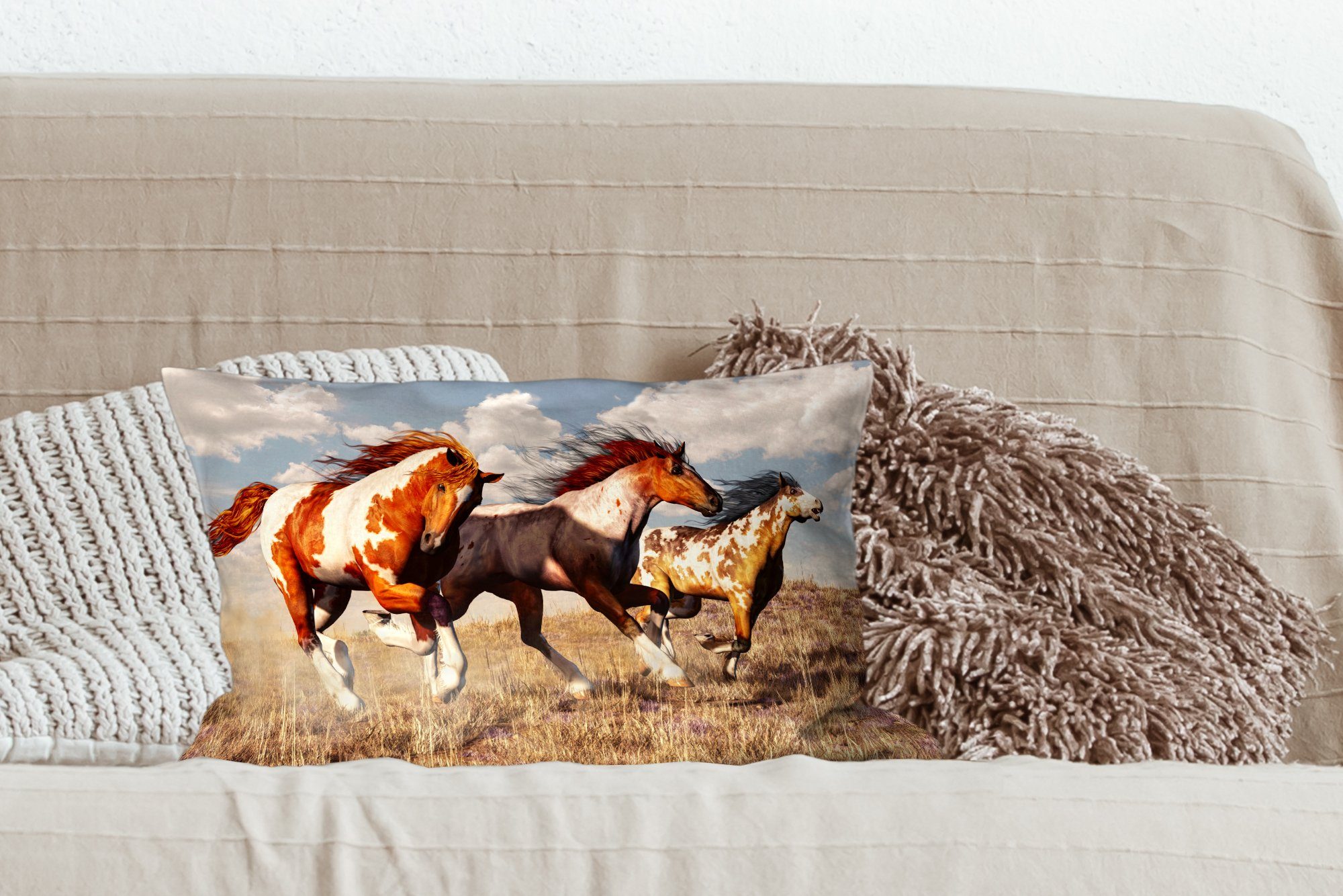 Schlafzimmer MuchoWow - Dekokissen Fell, - Füllung, Wohzimmer - Tiere Gras Zierkissen, Dekoration, Pferde Dekokissen mit