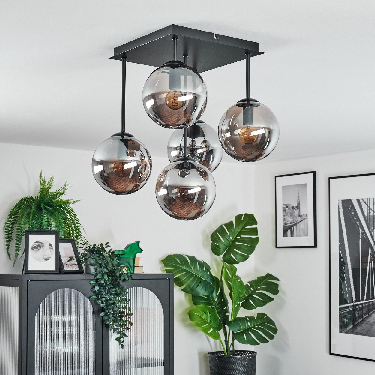 hofstein Deckenleuchte Deckenlampe aus Metall/Glas in Schwarz/Rauchfarben, günstig online kaufen