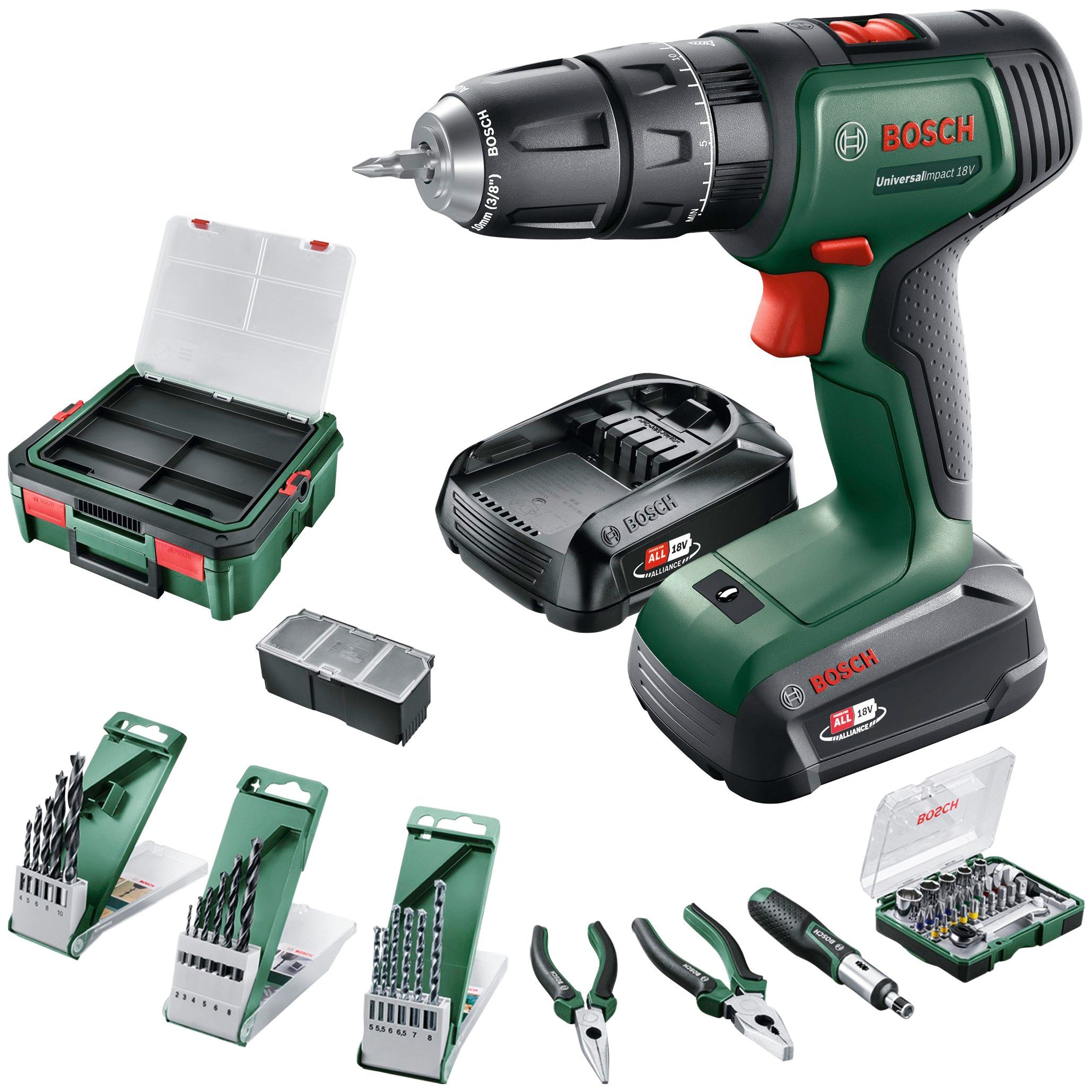 Bosch Home & Garden Akku-Schlagschrauber UniversalImpact 18V + 46AC set + AL18V-20, 1450 U/min, 34 Nm, (Set), Akku-Schlagbohrschrauber in Systembox S, mit umfangreichem Zubehör