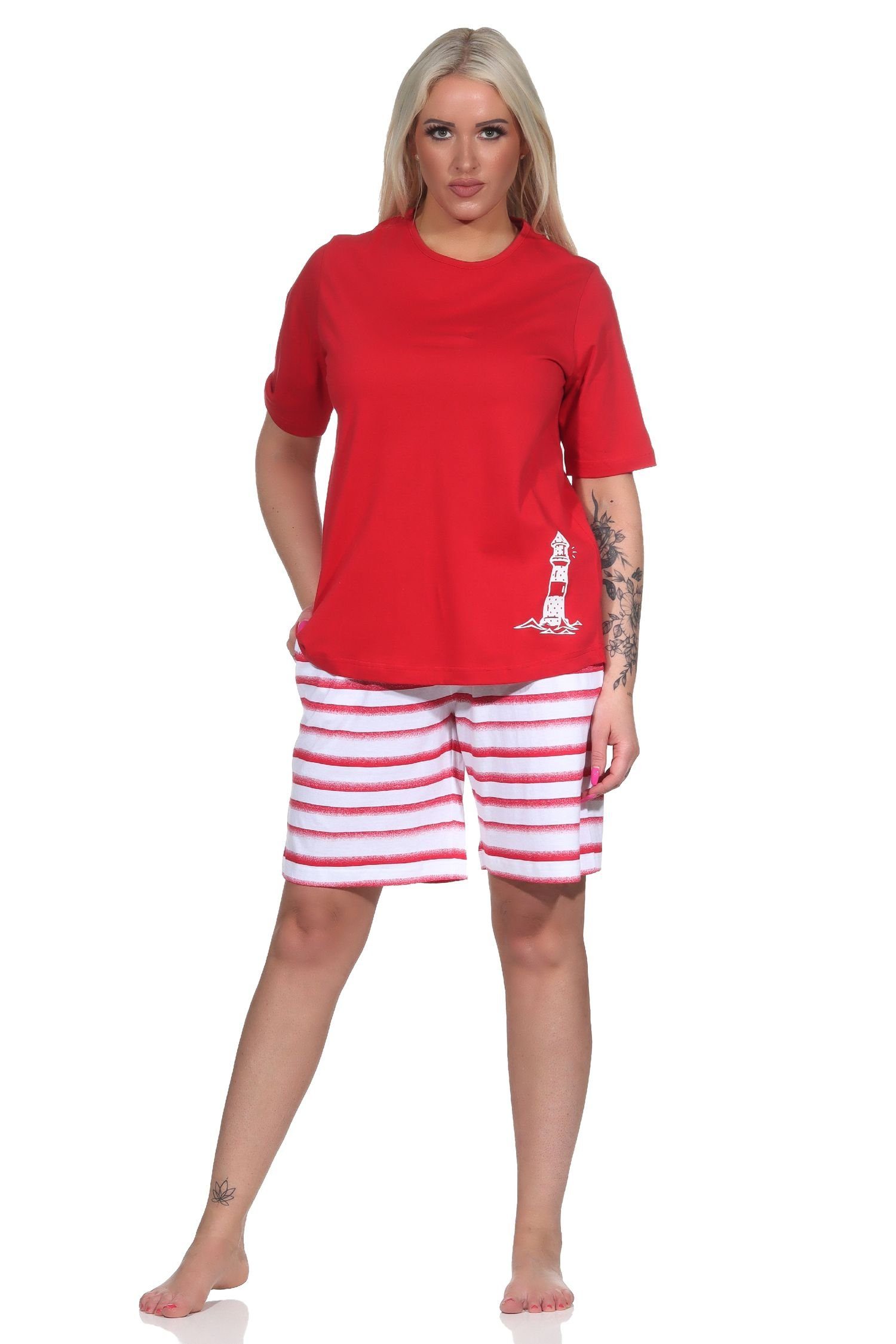 Maritimer rot Top Damen Leuchturm Motiv Pyjama kurzarm Schlafanzug, mit Shorty Normann