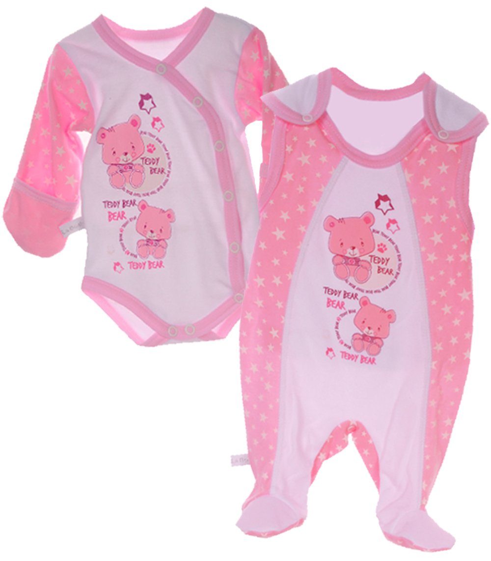 Strampler Baby Anzug Strampler Wickelbody Body in Weiß Rosa mit Bärchen 2Tlg