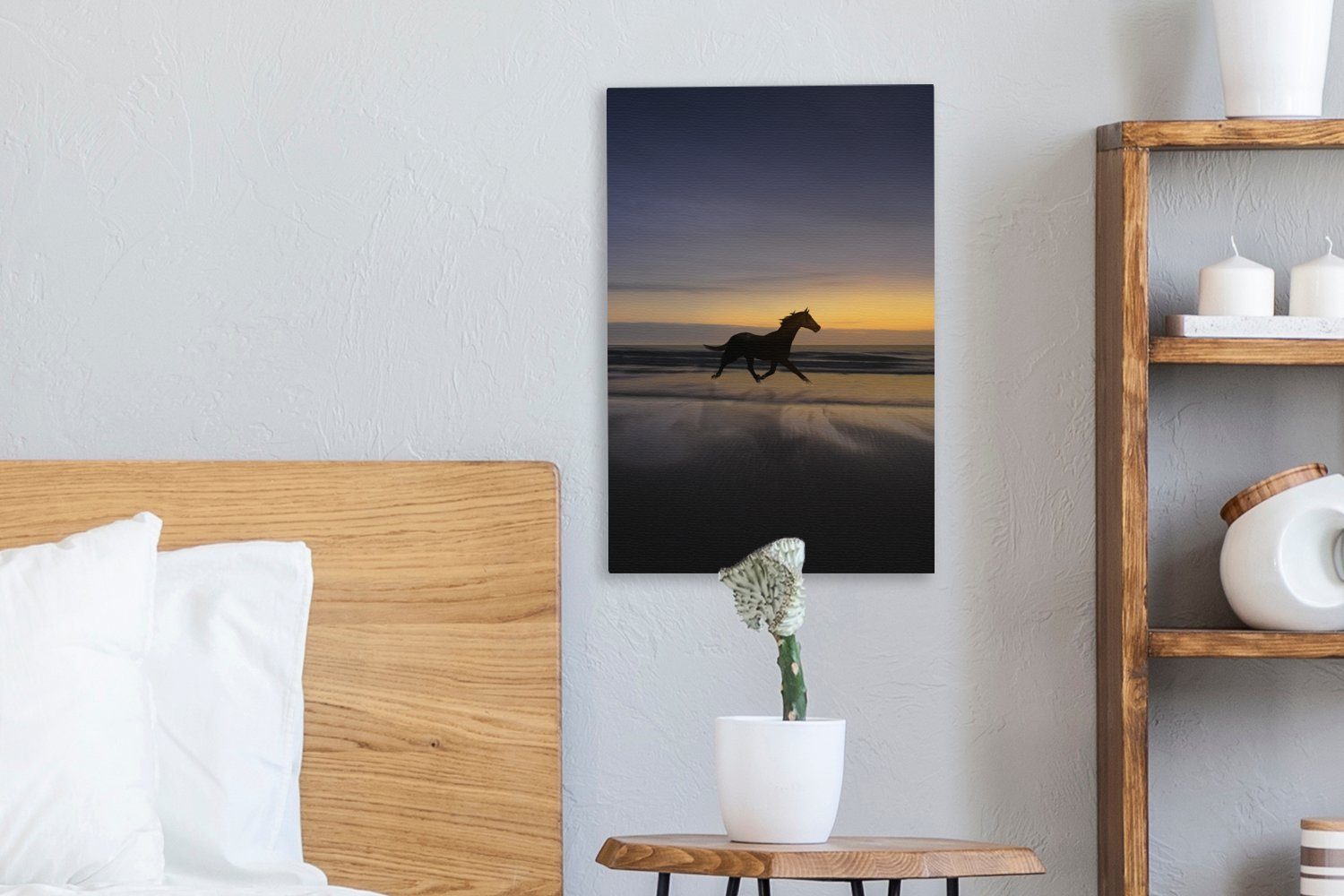 20x30 fertig cm Leinwandbild OneMillionCanvasses® inkl. bespannt Leinwandbild - Pferde - Gemälde, (1 St), Zackenaufhänger, Strand Sonnenuntergang,