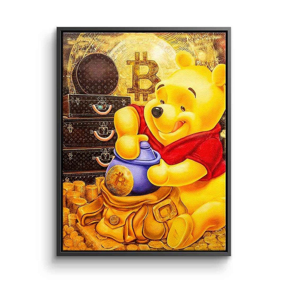 DOTCOMCANVAS® Leinwandbild Bitcoin Bear, Leinwandbild Bitcoin crypto Pu der Bär Winnie-the-Pooh Comic Pop Art schwarzer Rahmen