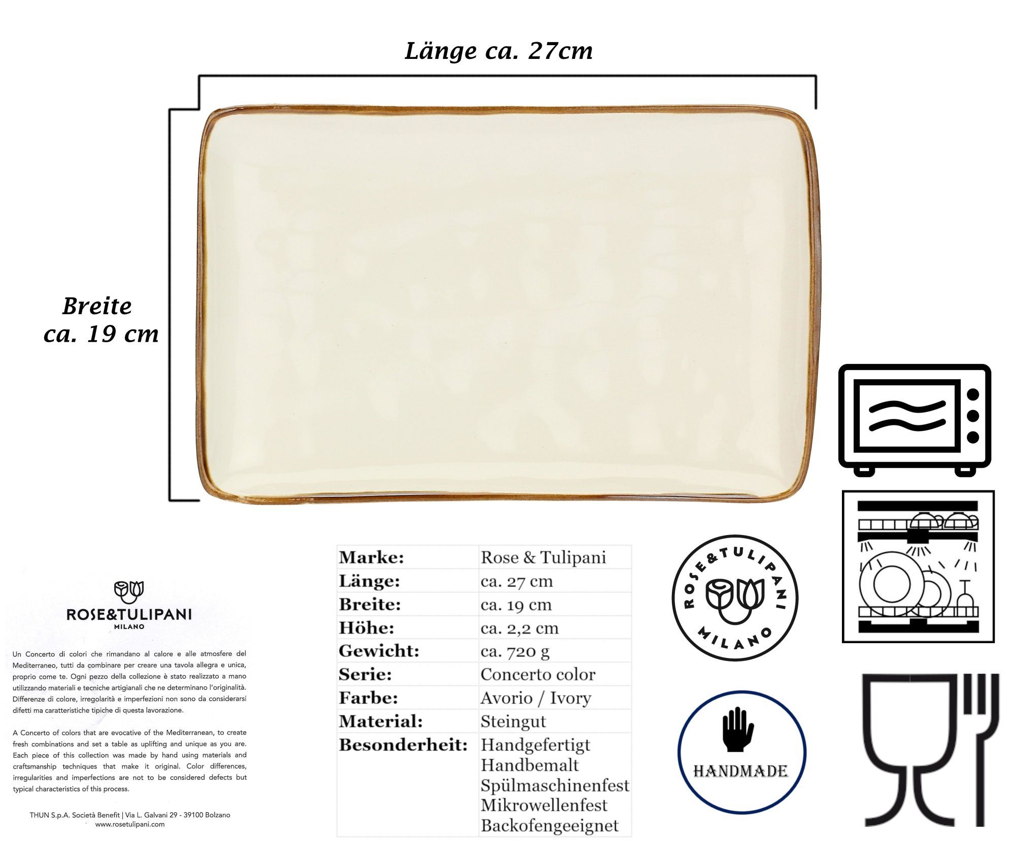 Rose & Tulpani Servierplatte Teller rechteckig Servierteller Platte 27x19cm Concerto gelb, Steingut, (1-tlg), rustikaler Vintage-Look