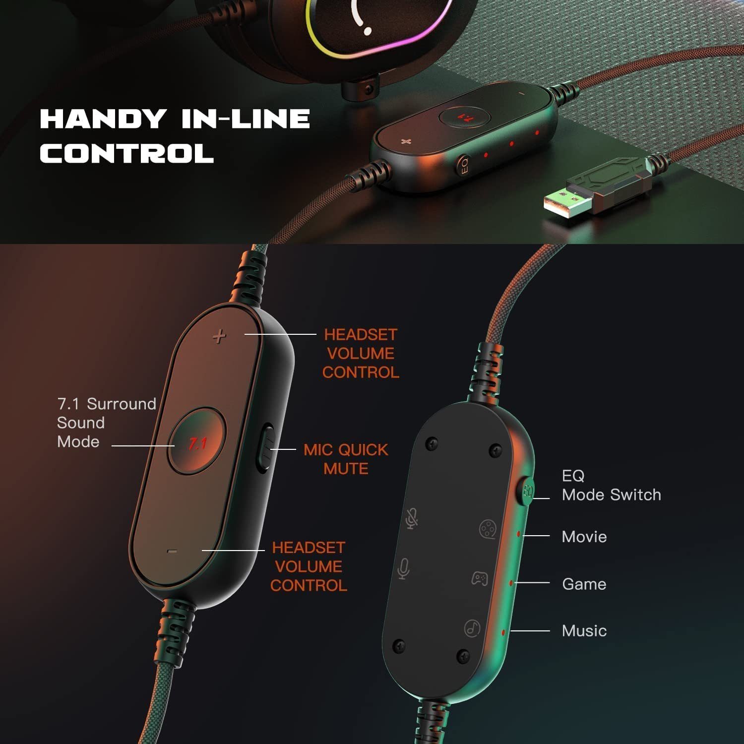 FIFINE Mikrofon Headset Gaming PC PS4 PS5 mit Mikrofon Over-Ear Kopfhörer mit Kabel, RGB-Design, 3 Sound-Modi, Surround-Sound und Ohrpolster