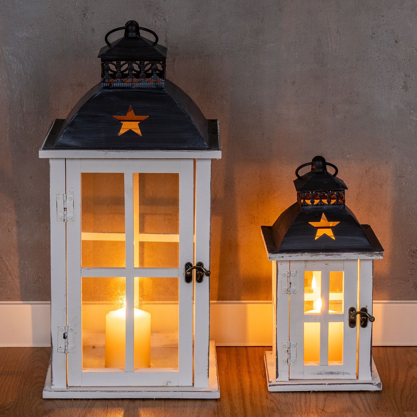 Schwarz Metall Laternen Holz H30-47cm Levandeo® 2er Windlicht Kerzenlaterne, Set Stern Weiß Wohndeko mit Weiß Stern