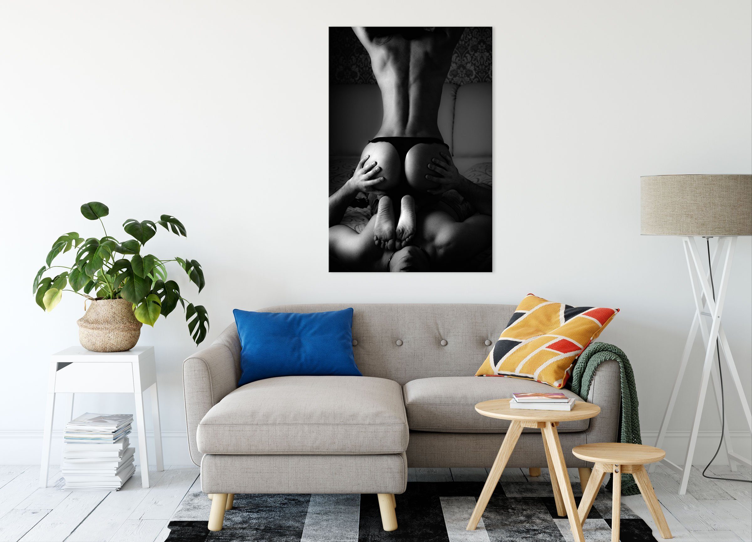 Erotisches Zackenaufhänger bespannt, Kunst Leinwandbild inkl. St), Erotisches Paar Leinwandbild Paar fertig B&W B&W, (1 Kunst Pixxprint