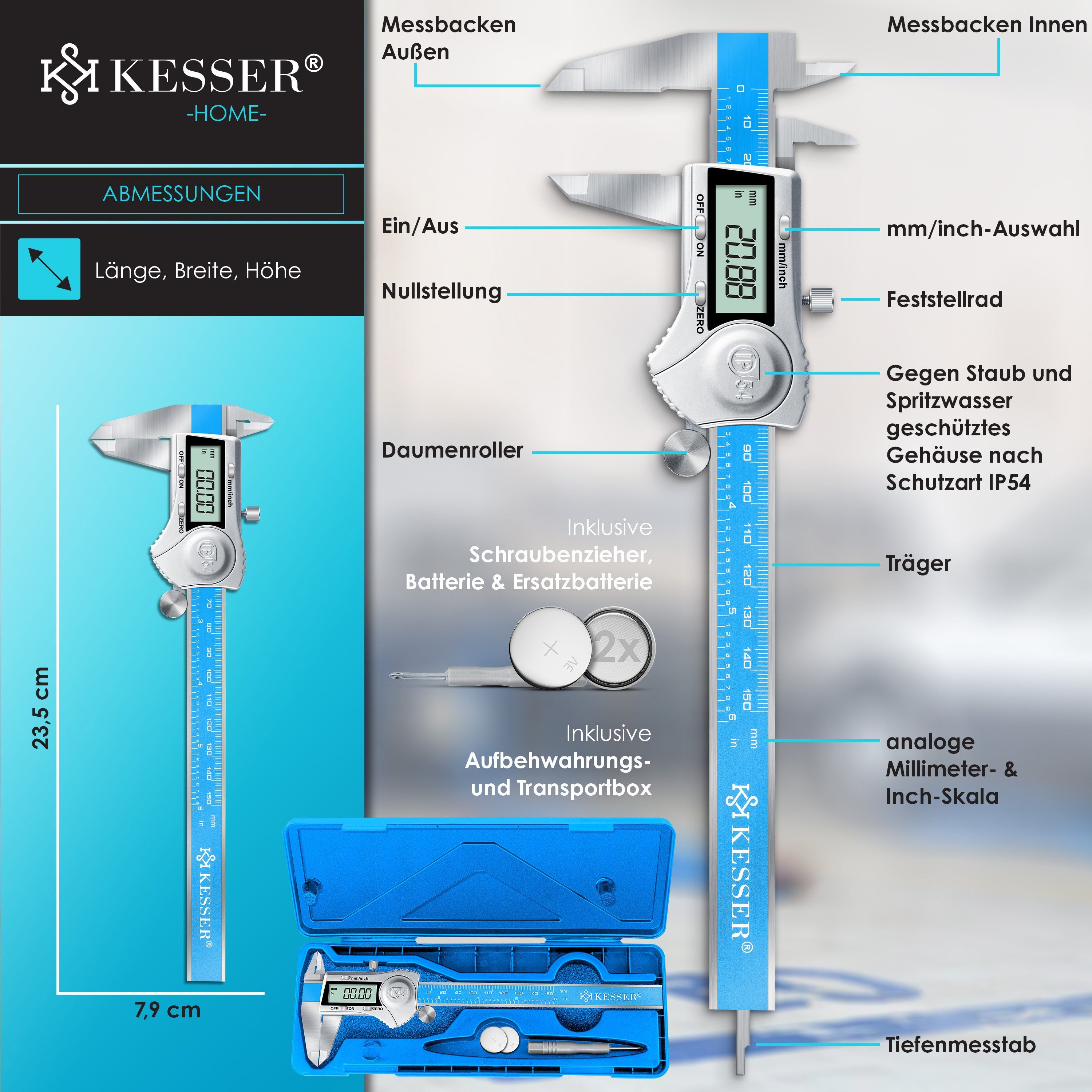 KESSER Messschieber, Digital Messschieber Edelstahl 150mm Blau Display / - Edelstahl LCD Silber