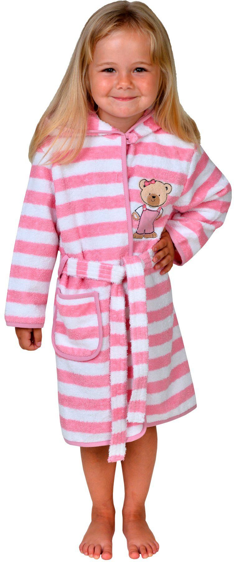 Wörner Kinderbademantel Teddy Ringel rosa, Langform, Baumwoll-Webfrottier, Kapuze, Gürtel, mit Stickerei