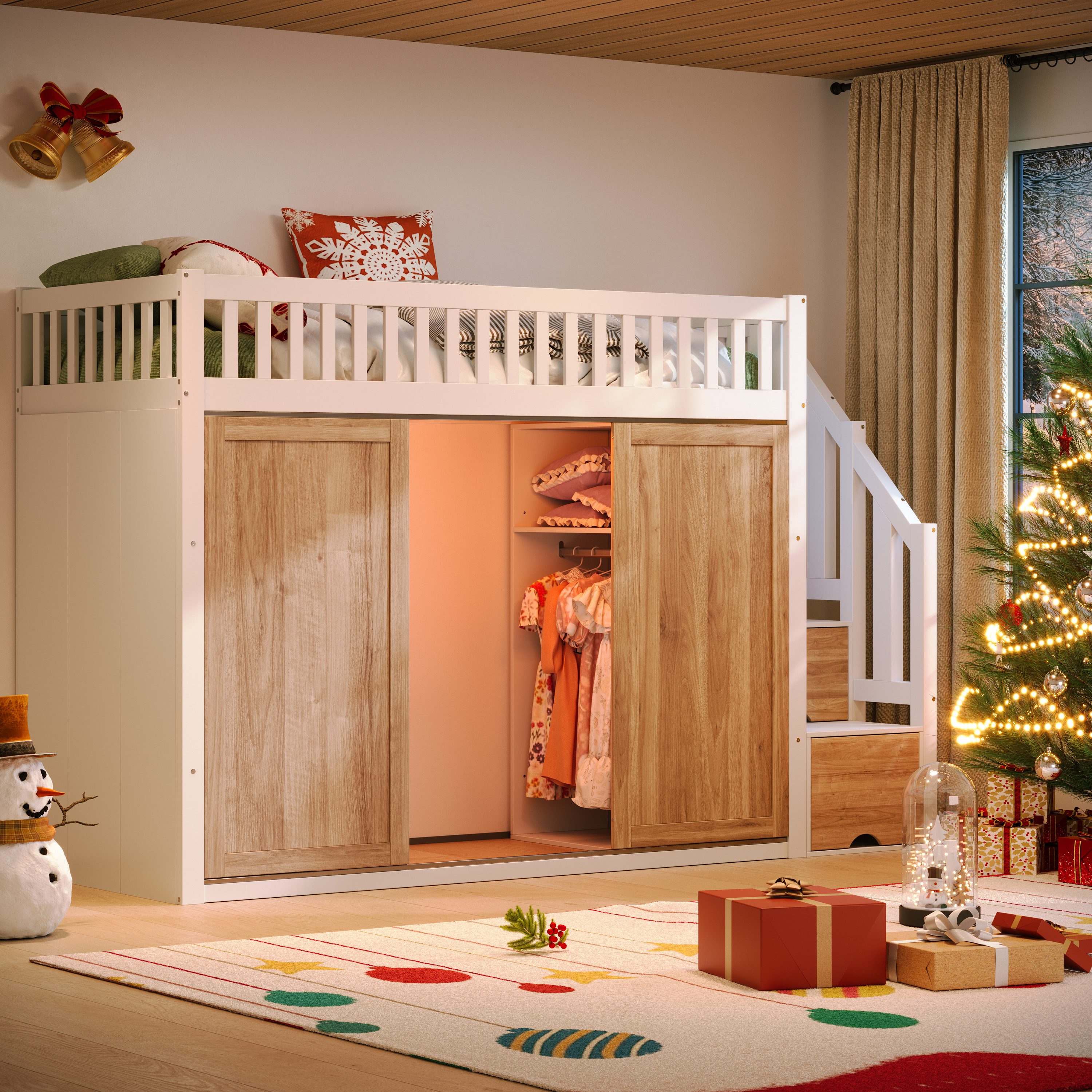 Flieks Hochbett Kinderbett 90x200cm mit LED-Beleuchtung Kleiderschrank Stauraumtreppe