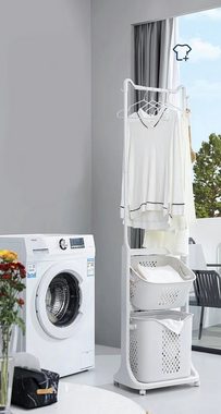 U.Uberlux Wäschekorb Wäschekorb 2 Fächer Wäschesammler Wäscheständer Kleiderständer, Wäschesortierer, mit Rollen, mit Kleiderstange, Plastik, weiß