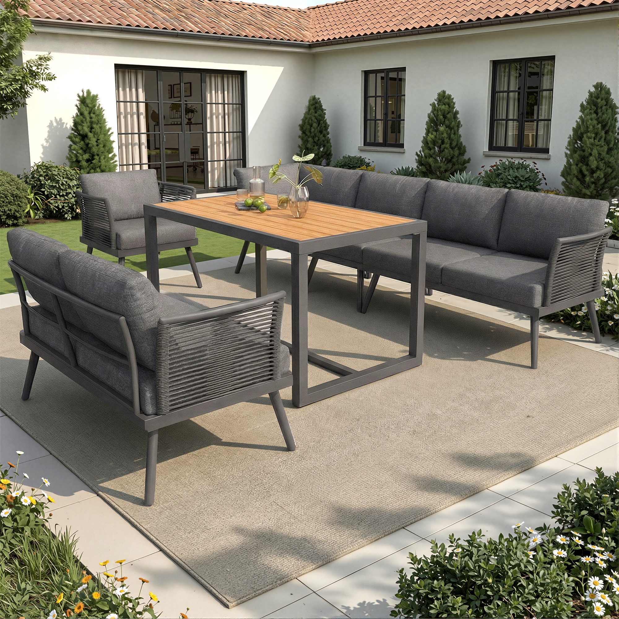 Merax Gartenlounge-Set in L-Form, Sitzgruppe mit geflochtenen Armlehnen & Eisenrahmen, (6-tlg), 7-Sitzer Gartenmöbel Ecklounge mit Holz-Couchtisch, 3 Sofa, 2 Sesseln