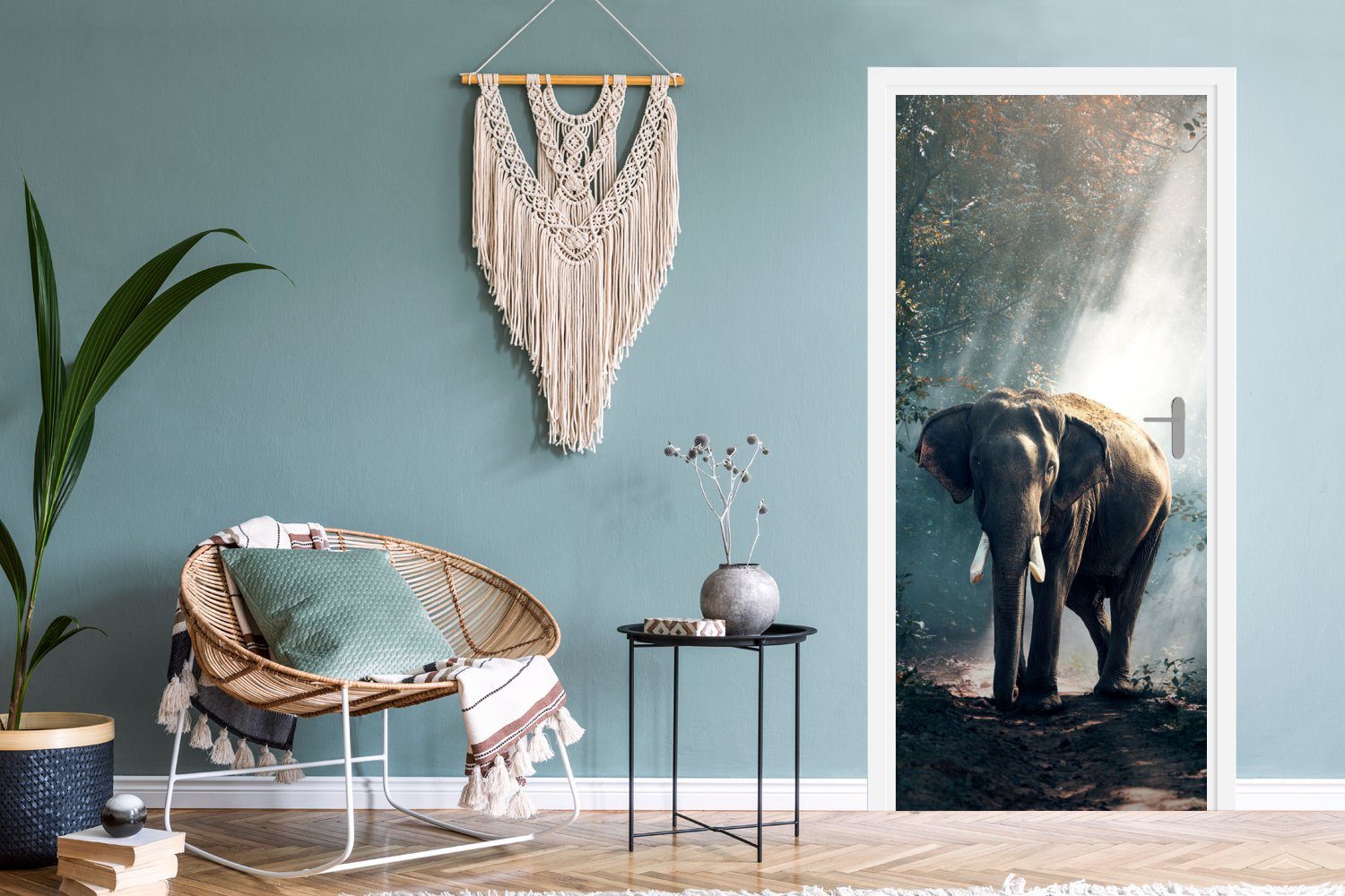 für - - Tiere Wald Tür, (1 Wildtiere, bedruckt, MuchoWow - Elefant cm - 75x205 - Türtapete Türaufkleber, Natur St), Matt, Fototapete Licht