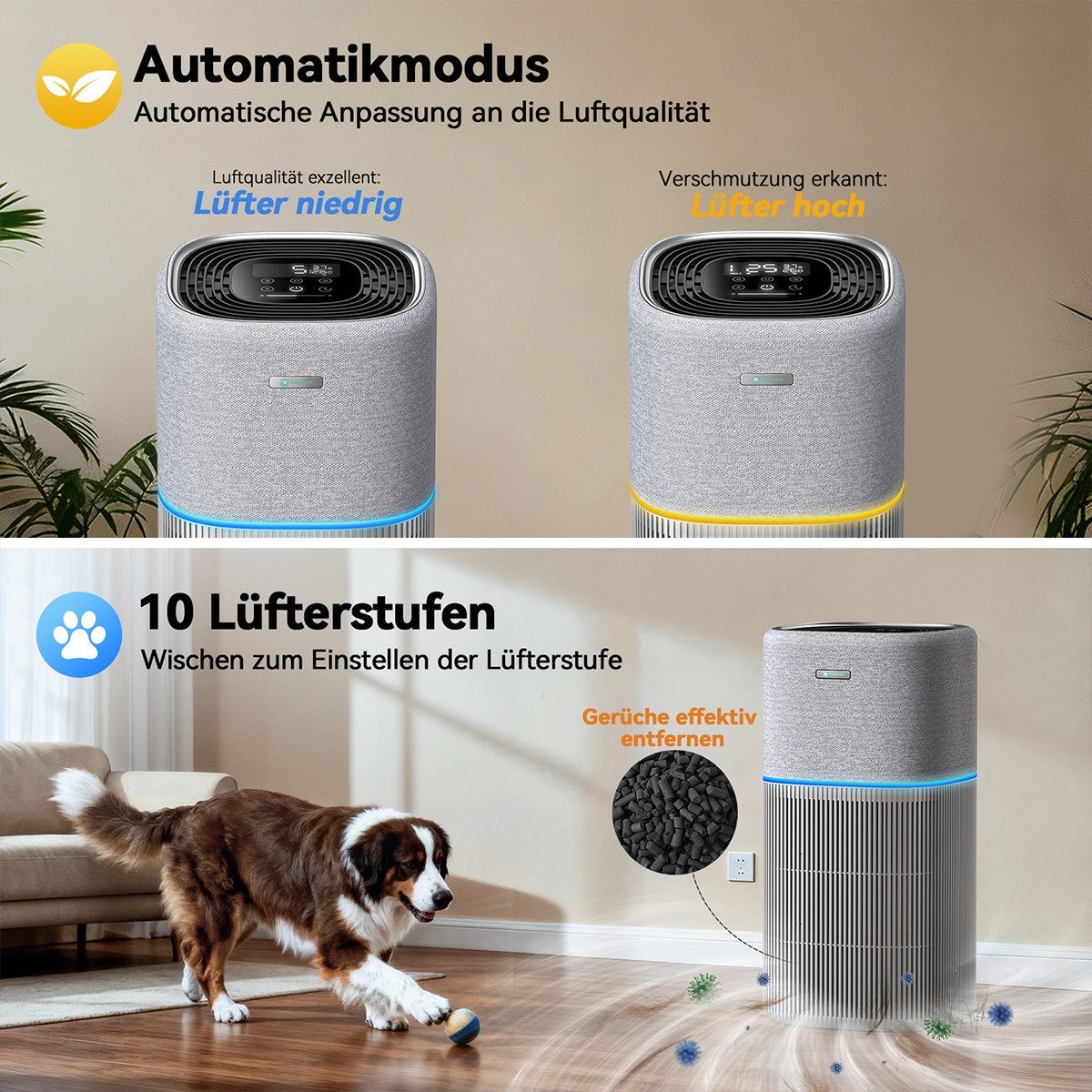 AmiCura Luftreiniger 2026 Luftreiniger 99/18 dB Staub Tierhaare Intelligenten Luftreinigers, für 200 m² Räume, HEPA Luftreiniger für Allergiker – gegen Rauch un – Bild 5 von 5