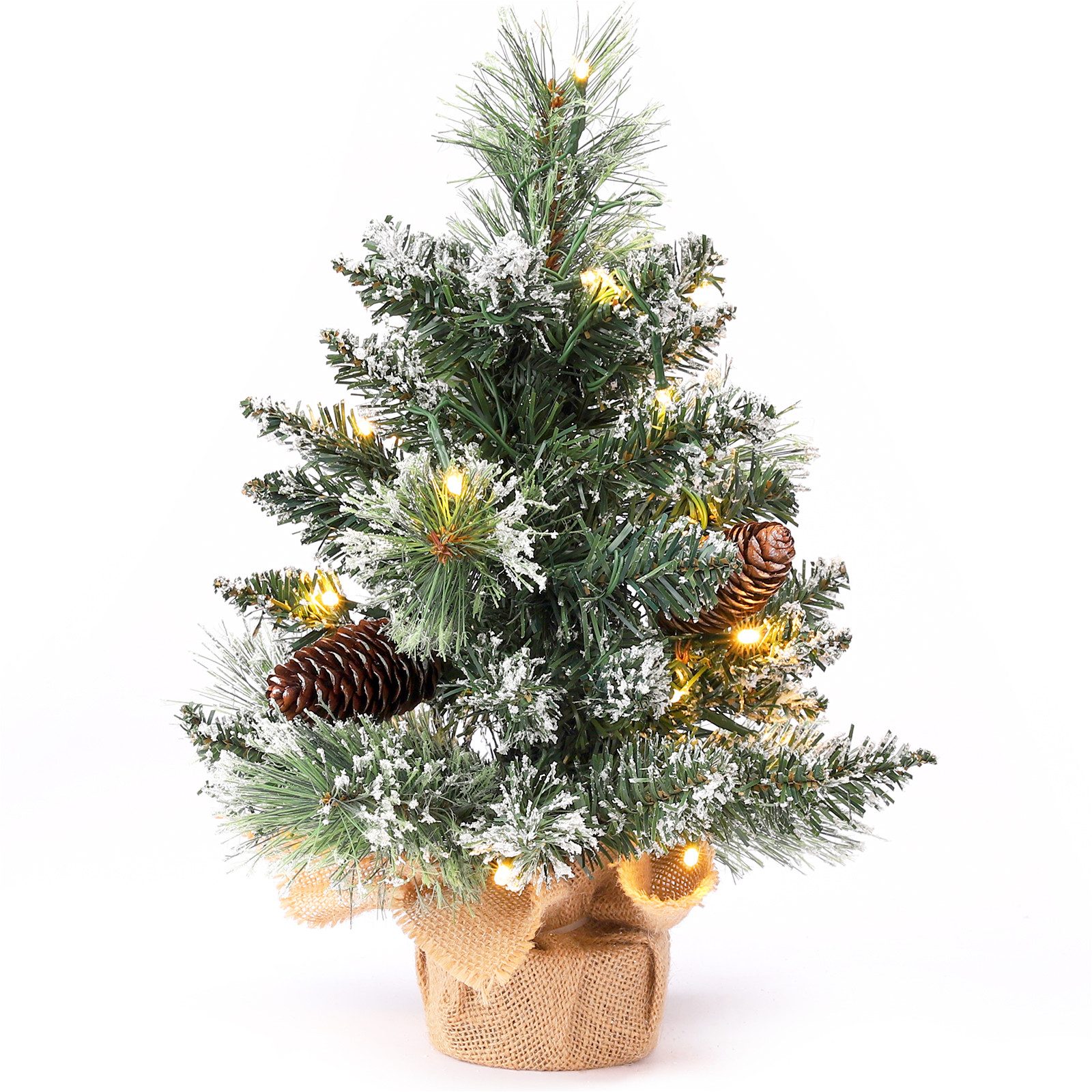 Yorbay Künstlicher Weihnachtsbaum 40cm Künstlicher Mini Weihnachtsbaum Tannenbaum, Mini Christmas Tree mit LED Beleuchtung, Kiefernzapfen, weißem Schnee, für Weihnachten Dekoration, Advent, für Tisch Büro Wohnzimmer