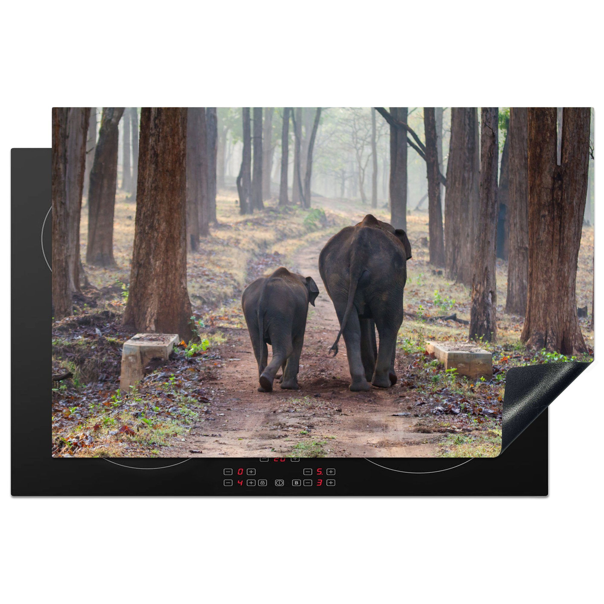 MuchoWow Herdblende-/Abdeckplatte Elefant - Kalb - Wald, Vinyl, (1 tlg), 81x52 cm, Induktionskochfeld Schutz für die küche, Ceranfeldabdeckung