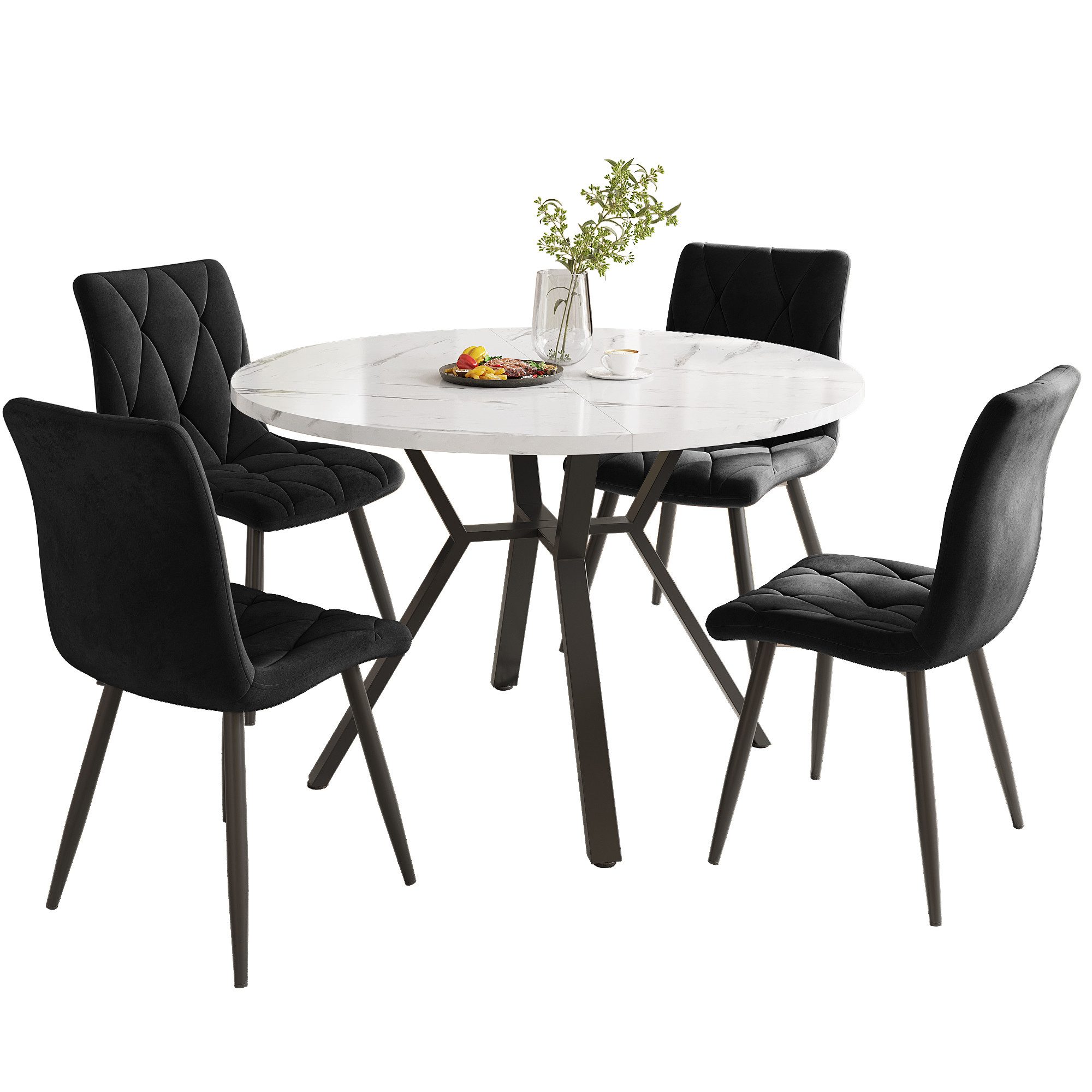 i@home Essgruppe rundes Esstisch aus Marmor mit 4 Samtstühle, grau/schwarz/ günstig online kaufen