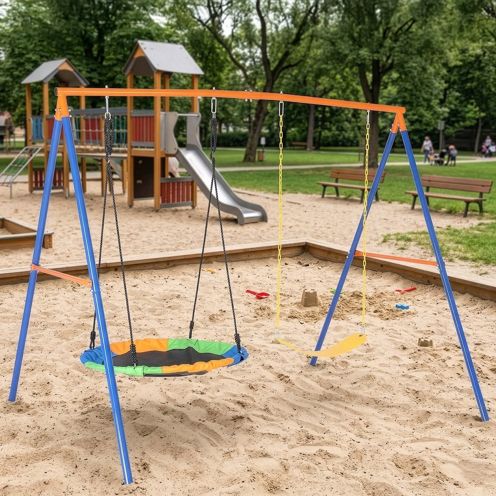 LALAHO Schaukelgestell nmit Nestschaukel,Kinderschaukel,A-Rahme,Schaukelgerüst, 2-in-1 Schaukel Set mit Schaukelteller & Gürtelschwinge für Garten