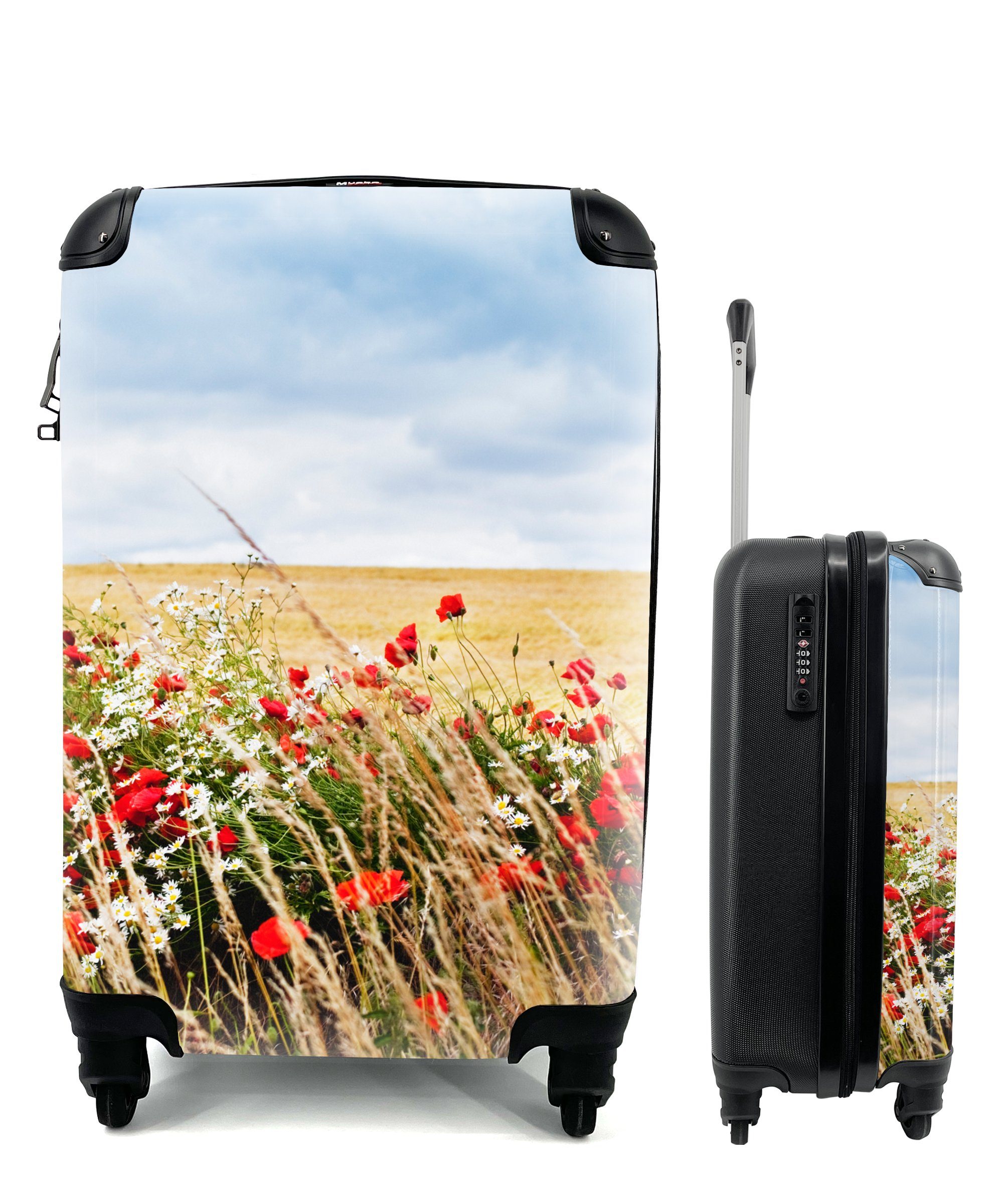 MuchoWow Handgepäckkoffer Wolken Blumen Reisekoffer Handgepäck Rot, Ferien, - für mit - Trolley, Reisetasche Rollen, rollen, 4