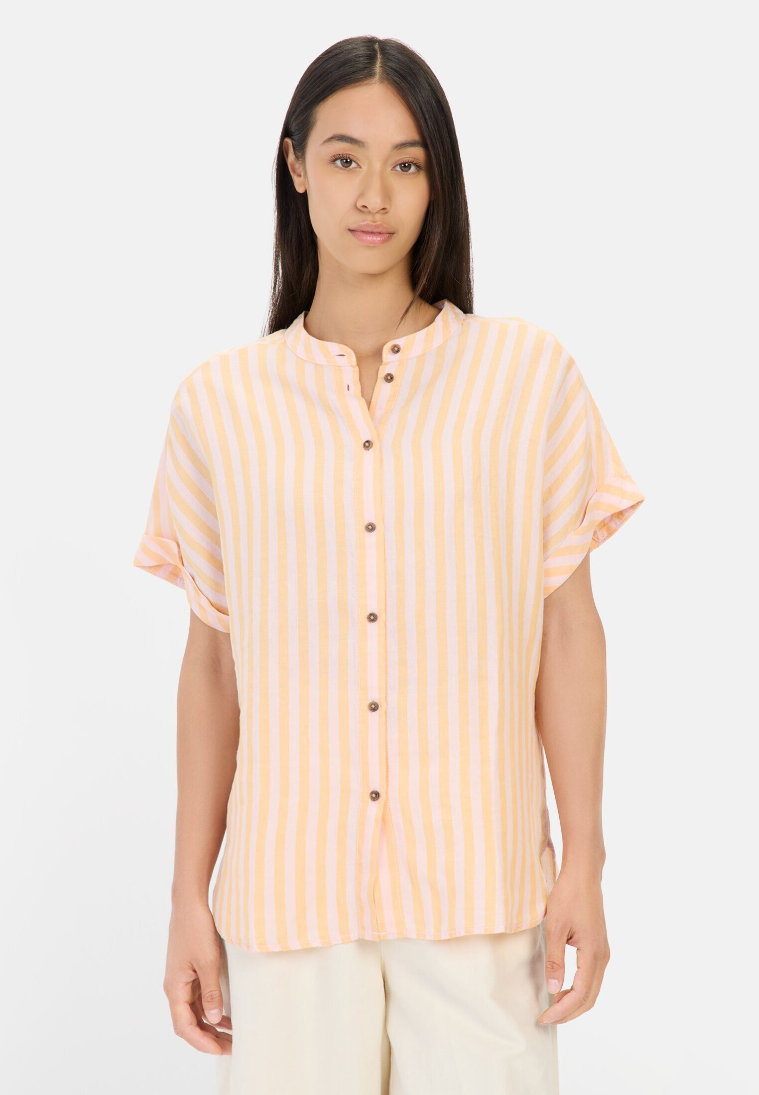 camel active Hemdbluse aus Leinen-Lyocell-Mix Kurzarm Stehkragen gestreift günstig online kaufen